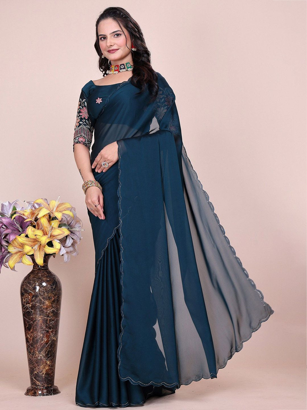 K 5 Fashion Beads and Stones Pure Chiffon Saree Embroidered Blouse