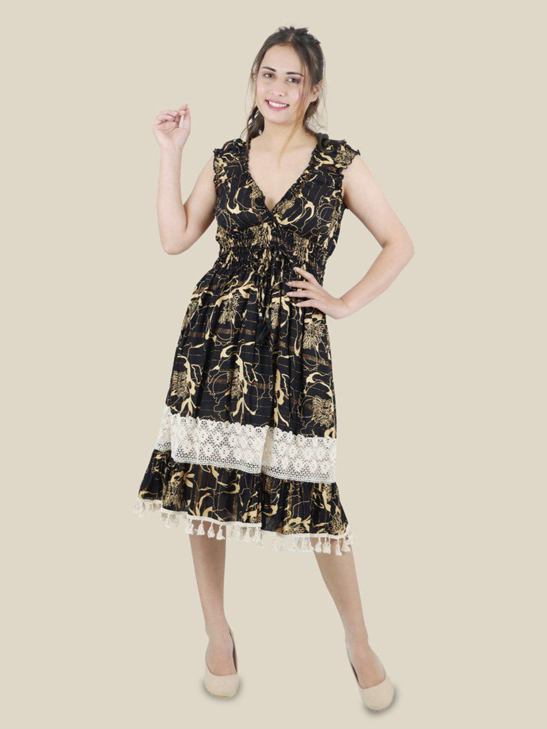 ECOBAWA Women Floral Print Crepe A-Line Dress