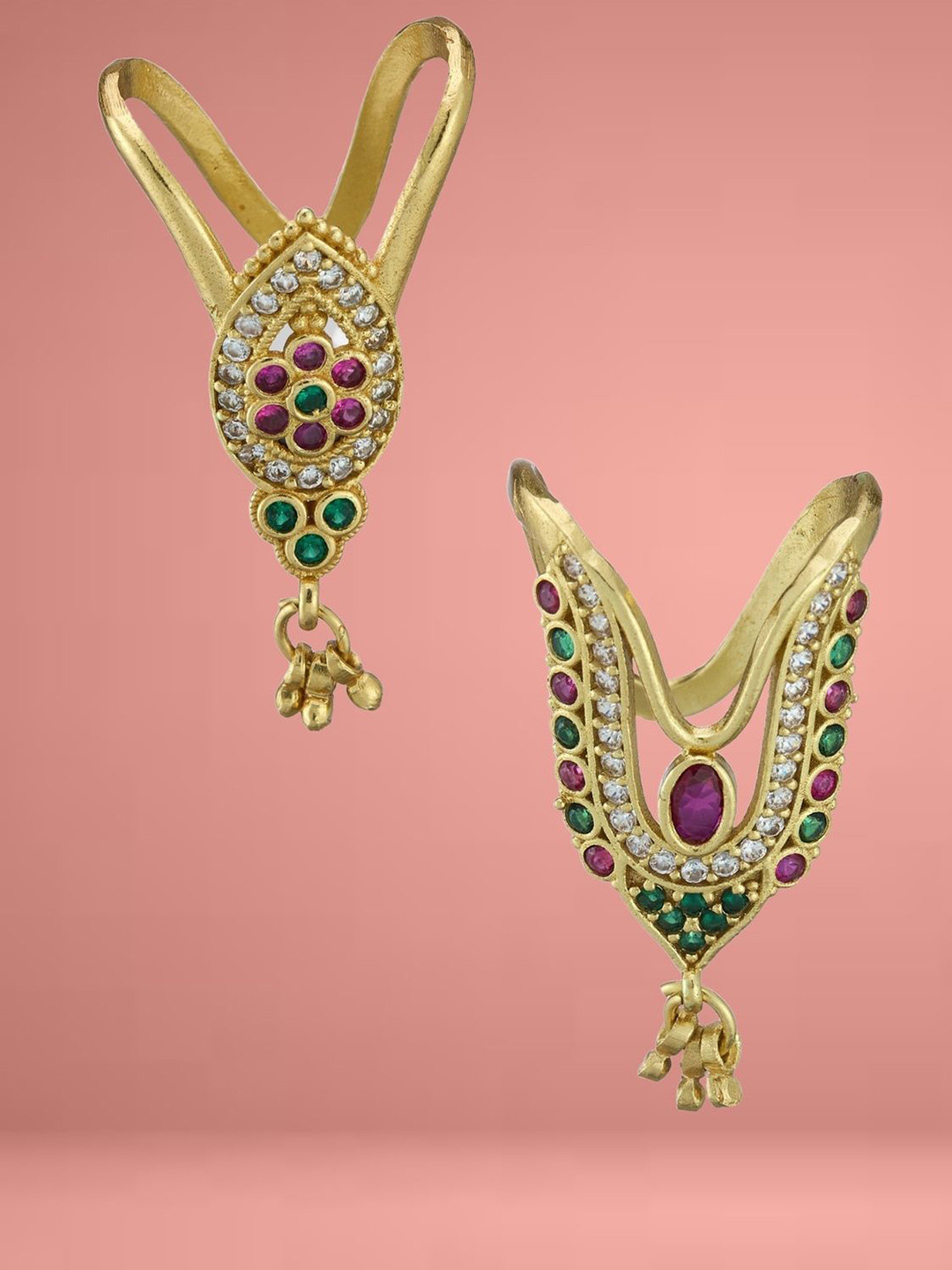 ATIBELLE Set Of 2 Gold Plated Cubic Zirconia studded Vanki- Shaped Beaded Finger Rings
