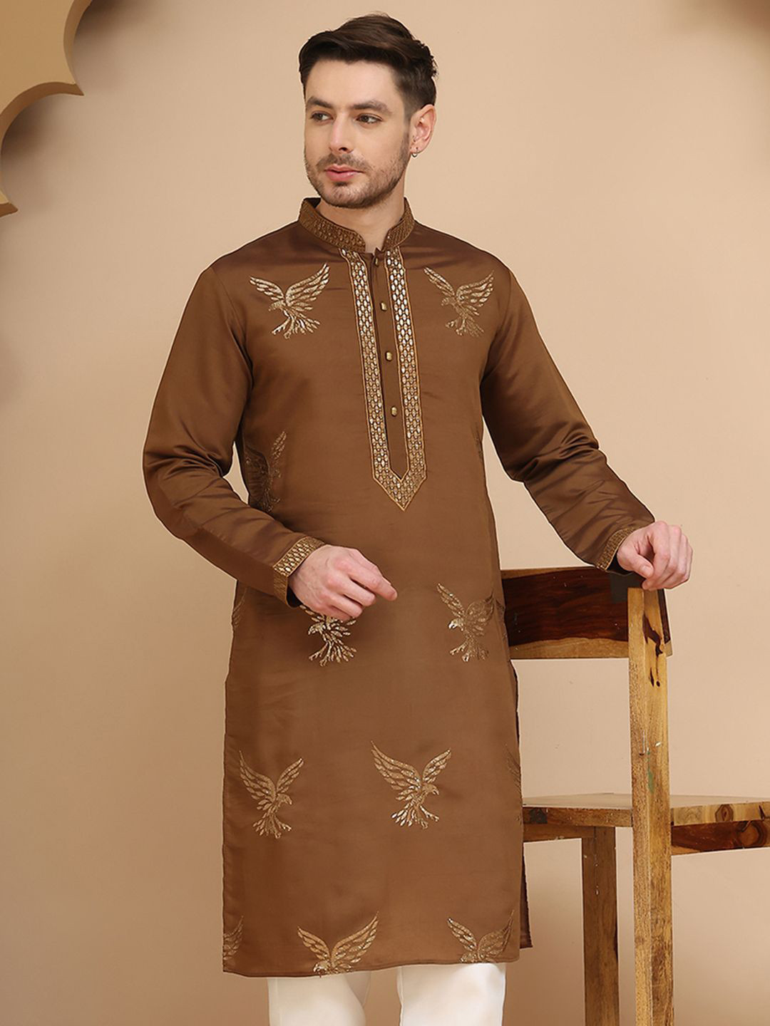 Jompers Quirky Embroidered Mandarin Collar Sequinned Straight Kurta