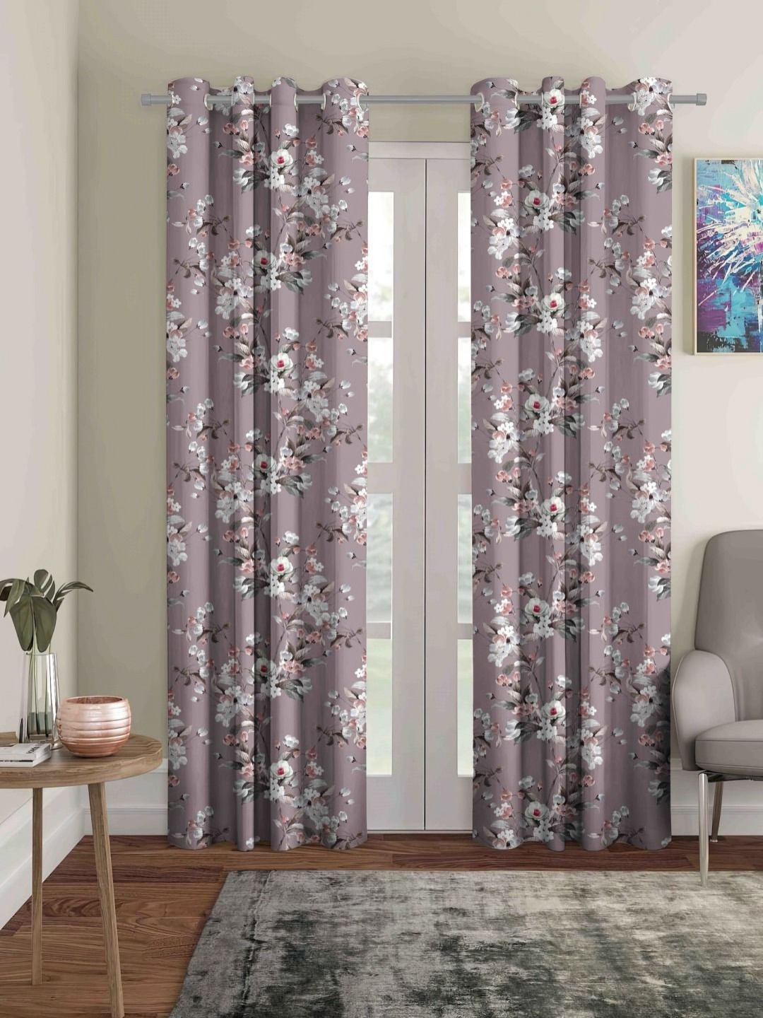 Myntra Elegant Homes Lavender & Grey 2 Pieces Floral Printed Black Out Long Door Curtain