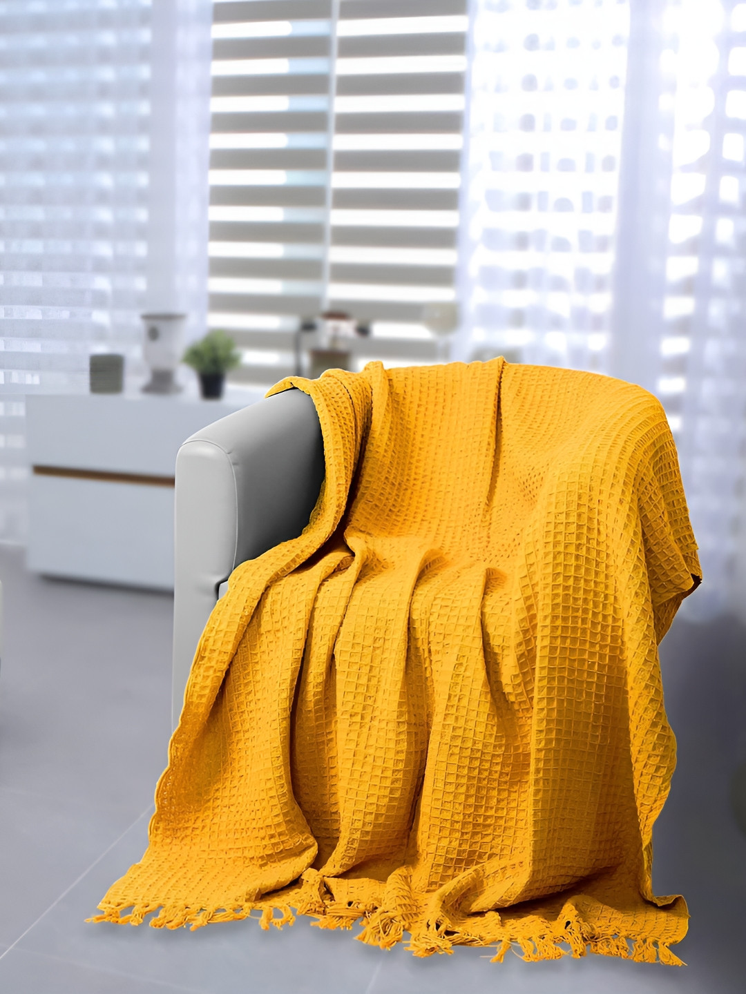 Dolce Casa Mustard-Yellow Waffled Cotton Sofa Throw