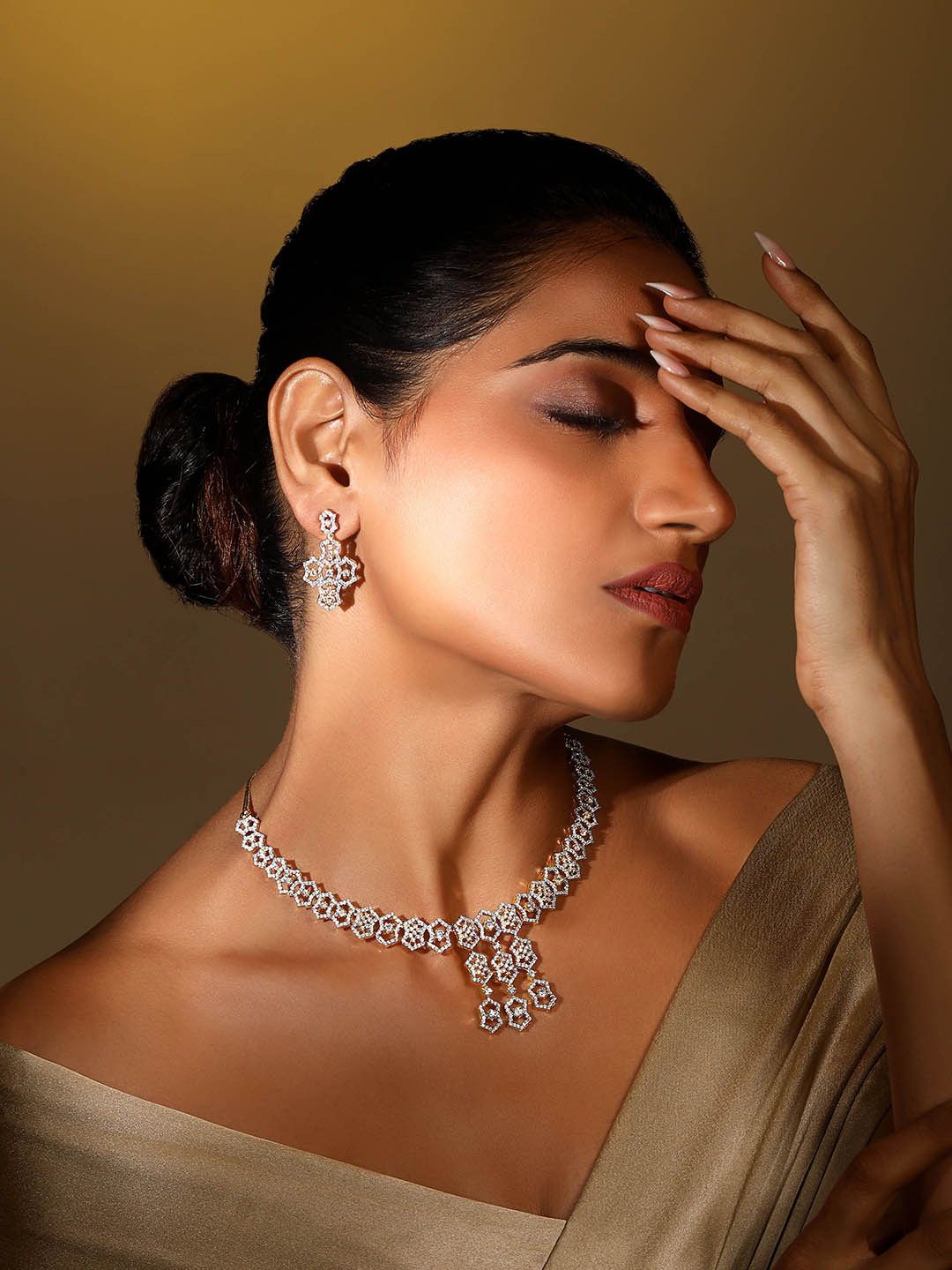 ASMITTA JEWELLERY 22 KT Gold Plated Cubic Zircon & American Diamond Studded Jewellery Set