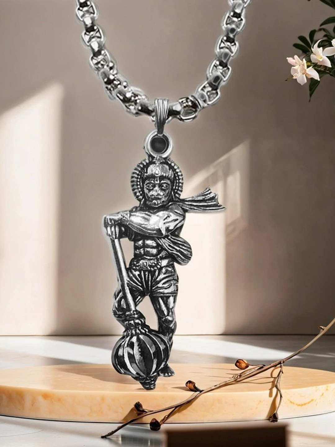 Uniqon Set Of 2 Standing Hanuman Chalisa Gada Micro-Carved Plate Pendants with Chains