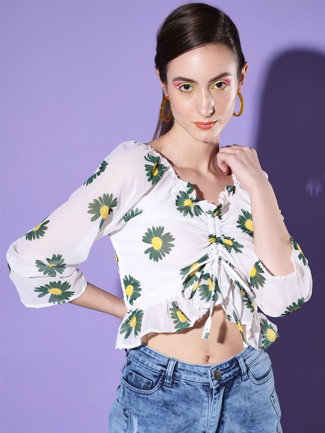 QIOA Women Floral Print Georgette Crop Top