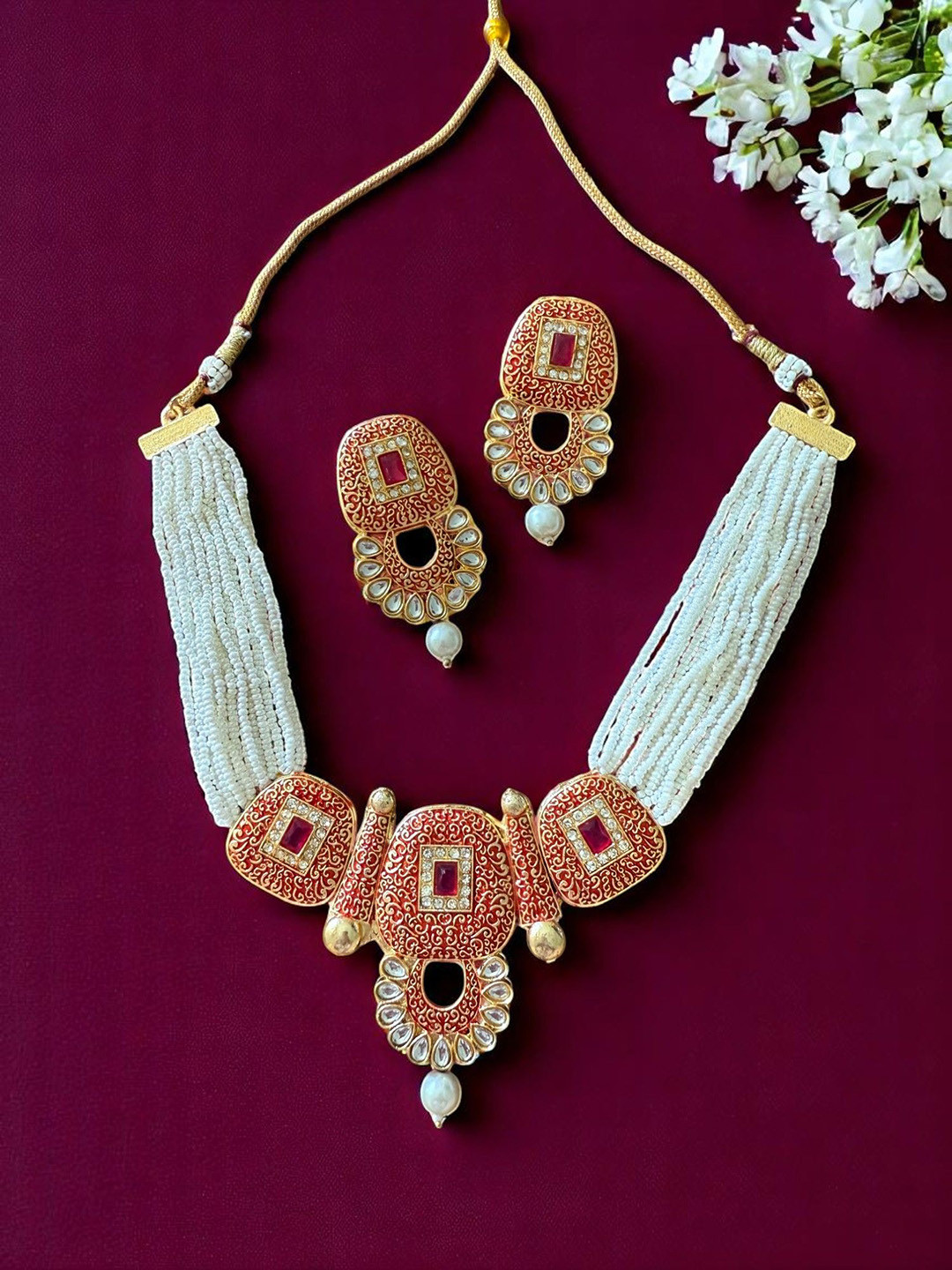 Anouk Gold Plated Stones Studded & Beaded Royal Scarlet Radiance Jewellery Set