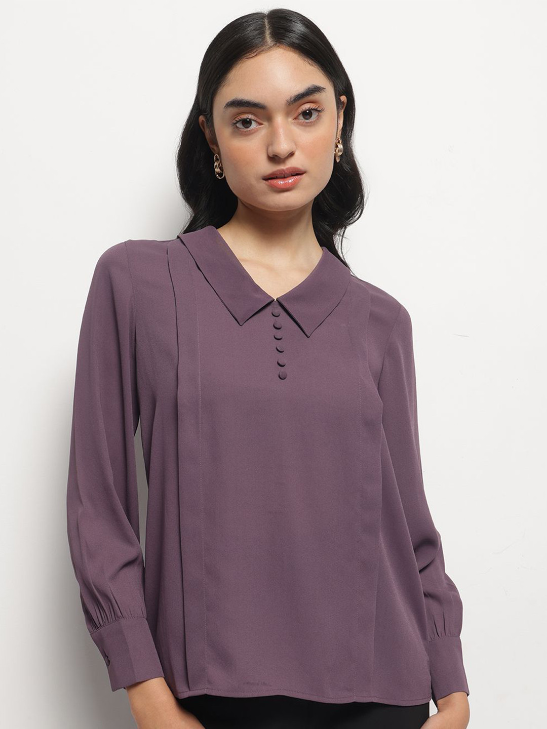 Strong And Brave Women Solid Peter Pan Collar Puff Sleeve Georgette Shirt Style Top