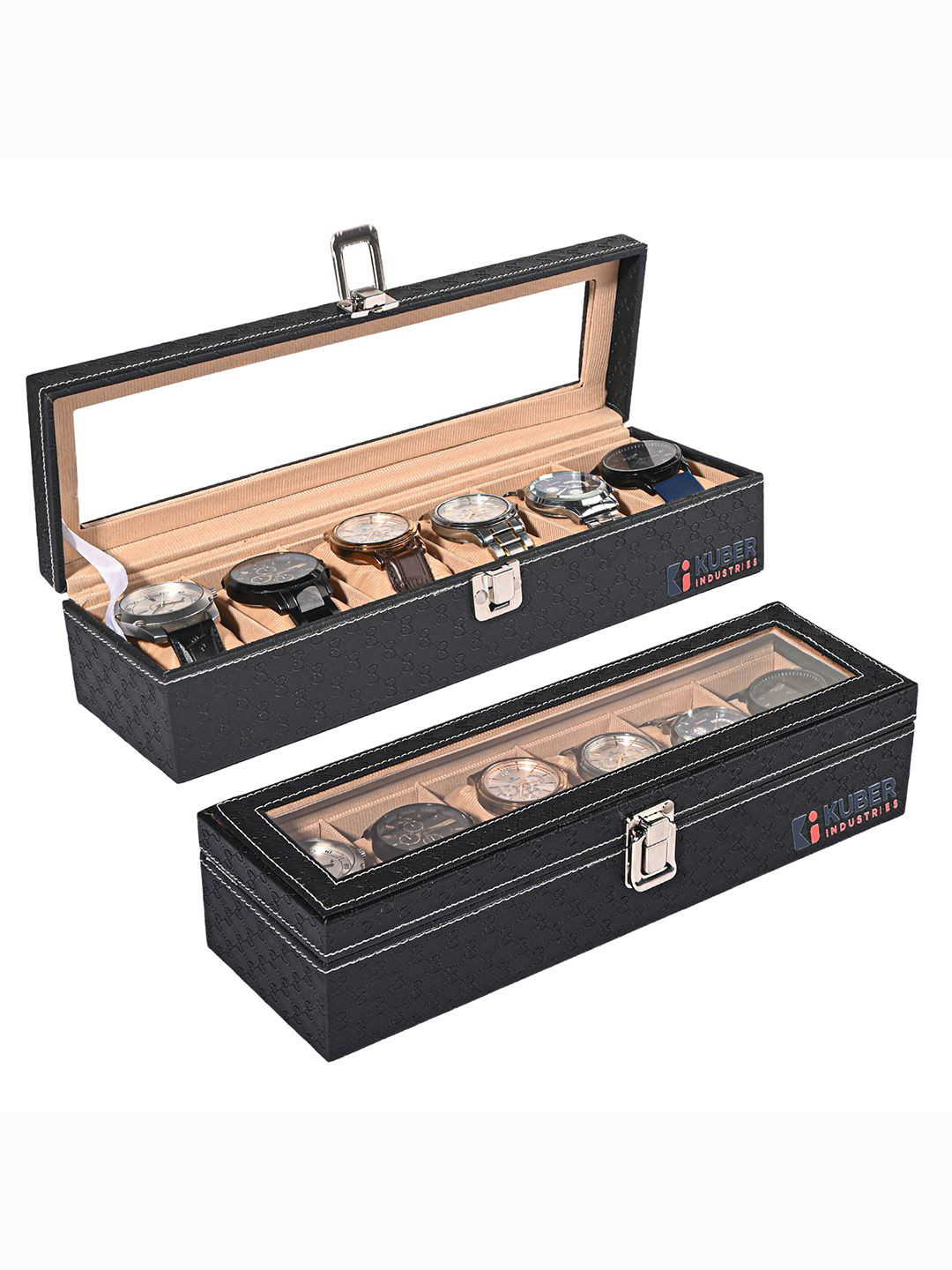 Kuber Industries Set Of 2 Black & Gold-Toned 6 Slots Watch Organiser Box