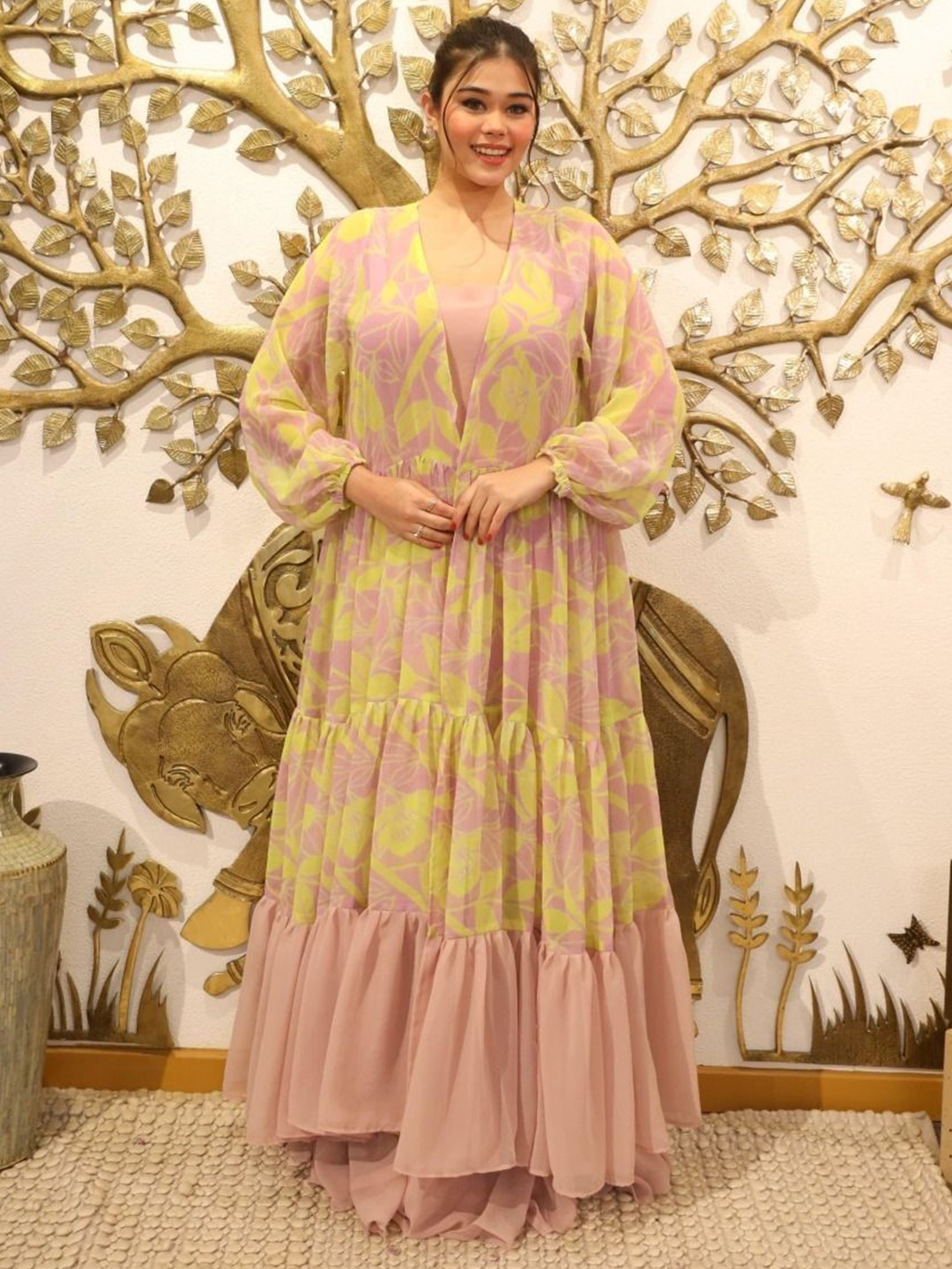 Swadeshi Shringaar Mystic Onion Dress With Printed Shrug