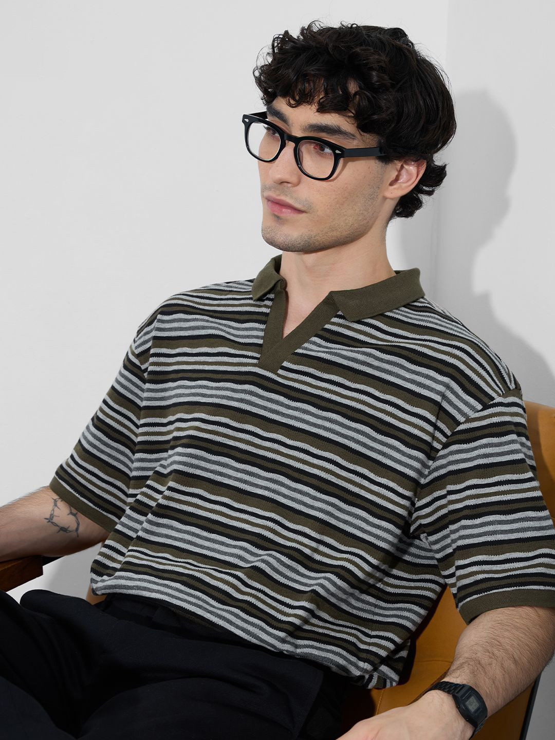 The Souled Store Oversized Textured Striped Timber Polo Collar T-Shirt