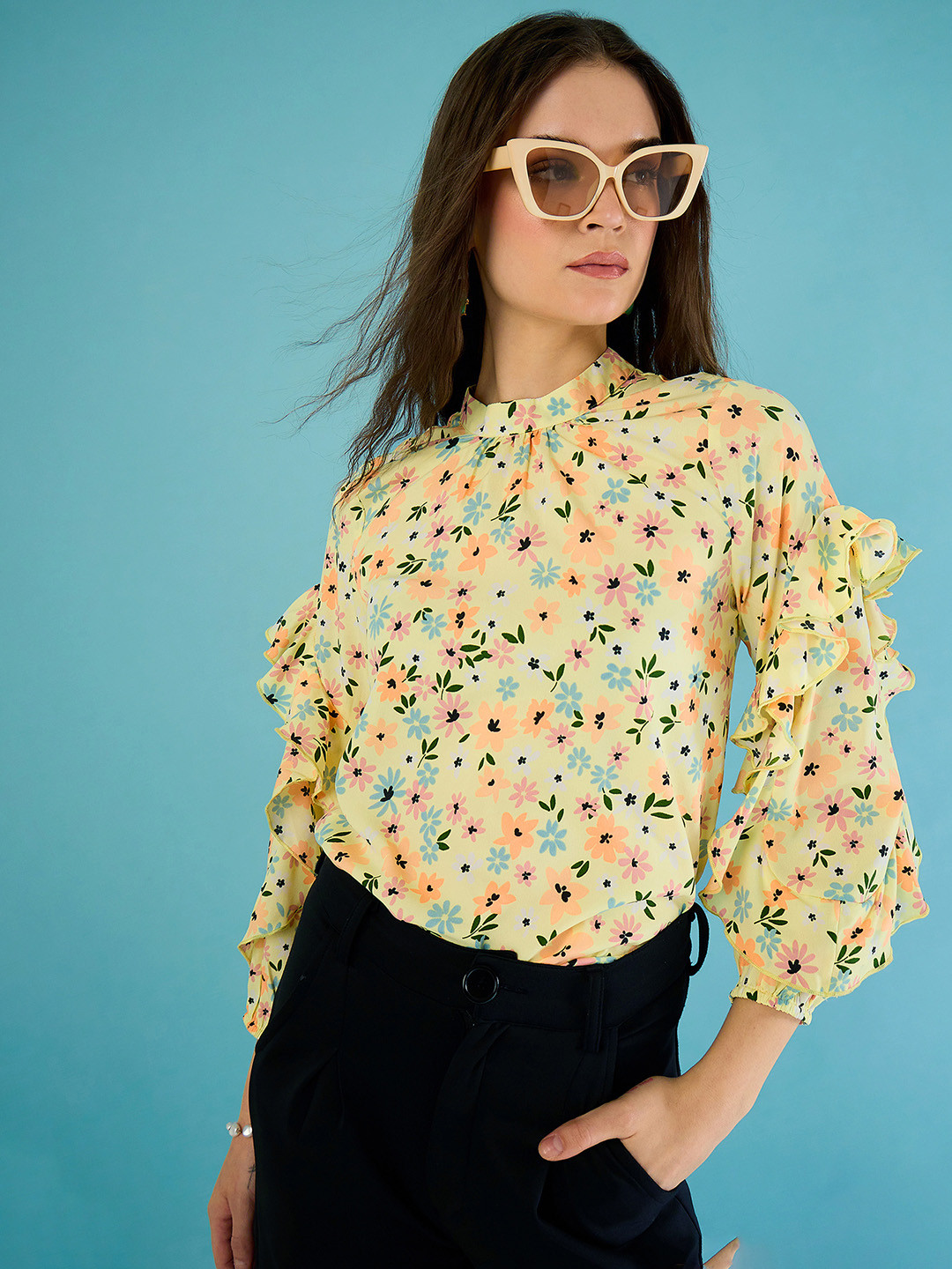 CORSICA Floral Print High Neck Regular Top with Ruffle Detail