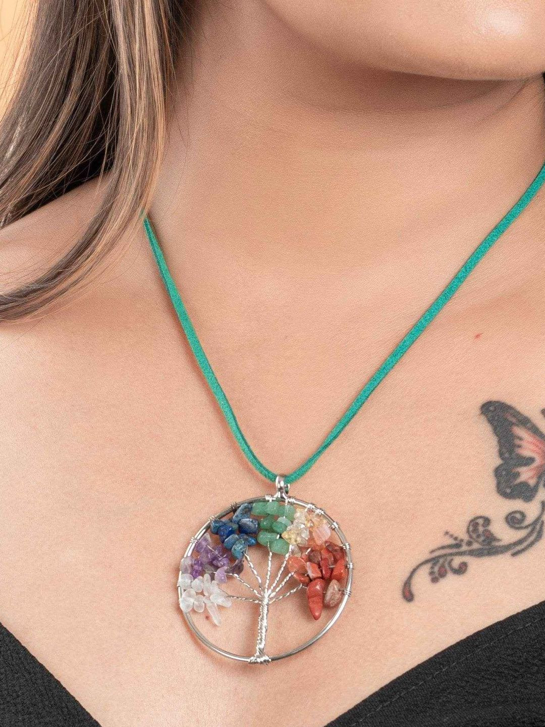Look and Adorn Multi Stone Tree of Life Pendant Necklace