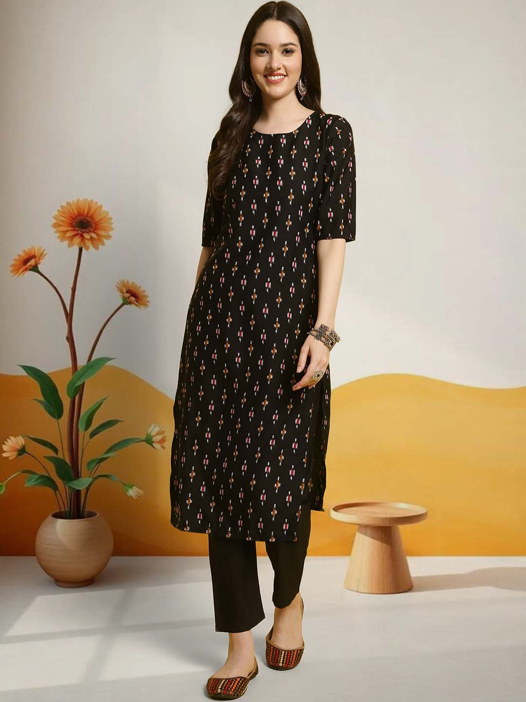 HERE&NOW Geometric Printed Round Neck Straight Kurta