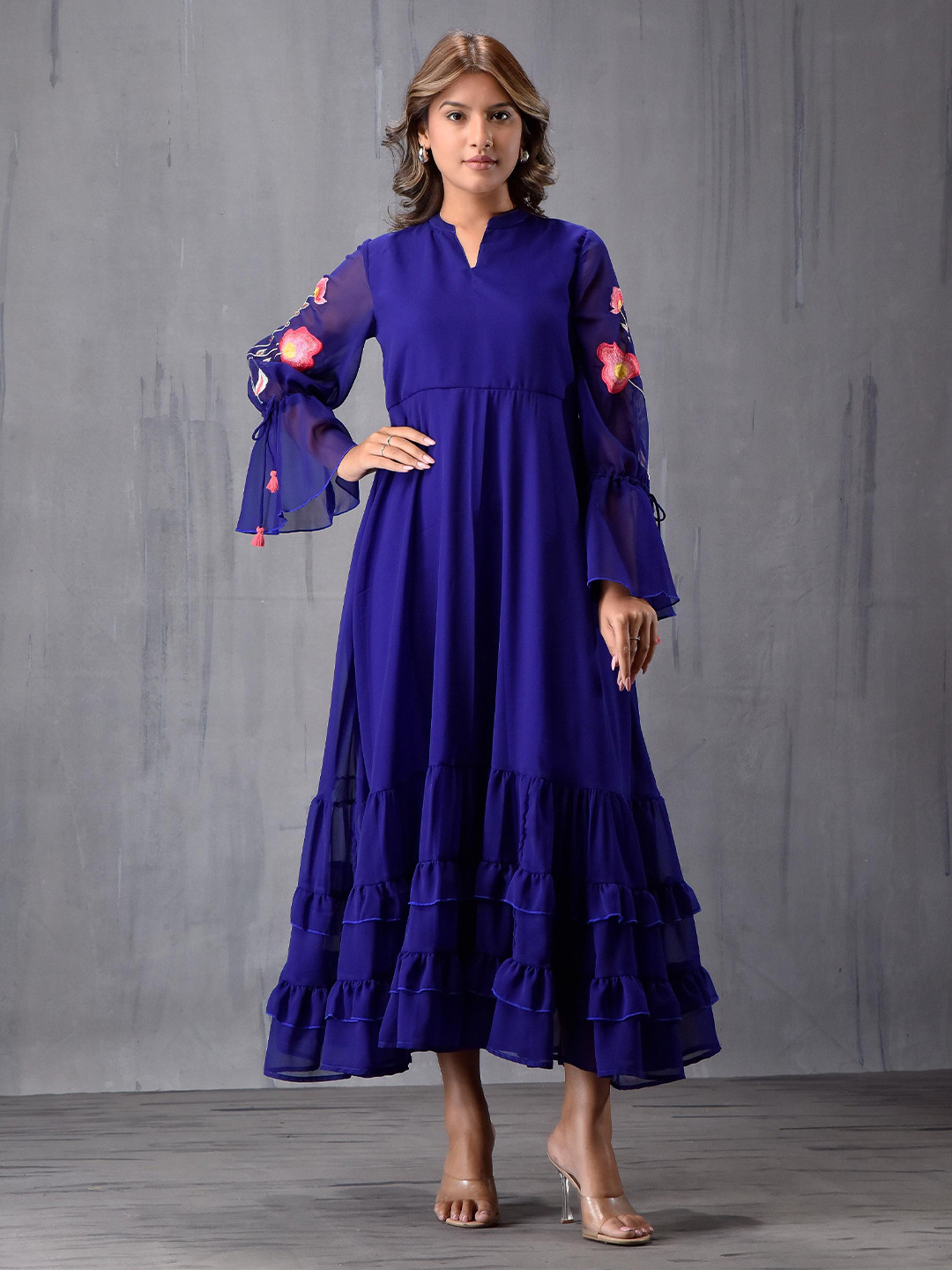 MODA-Q Women Gathered or Pleated Bell Sleeve  Fit & Flare Midi Dress