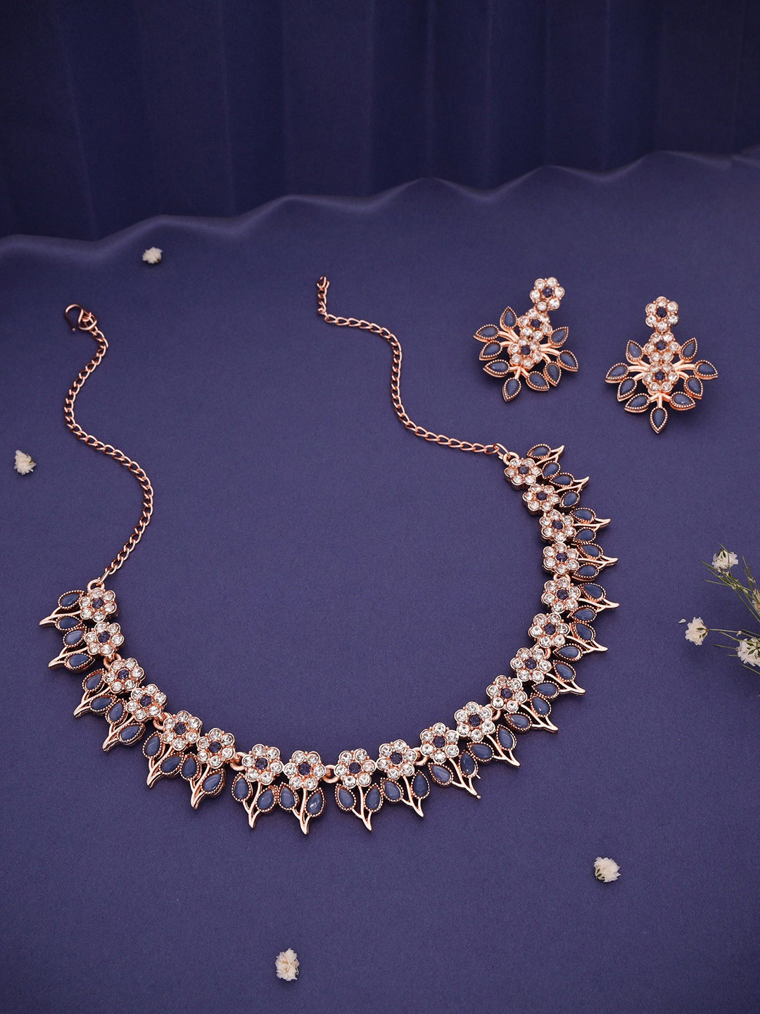 Anouk Rose Gold Plated American Diamond Studded Choker with Stud Earrings Jewellery Set