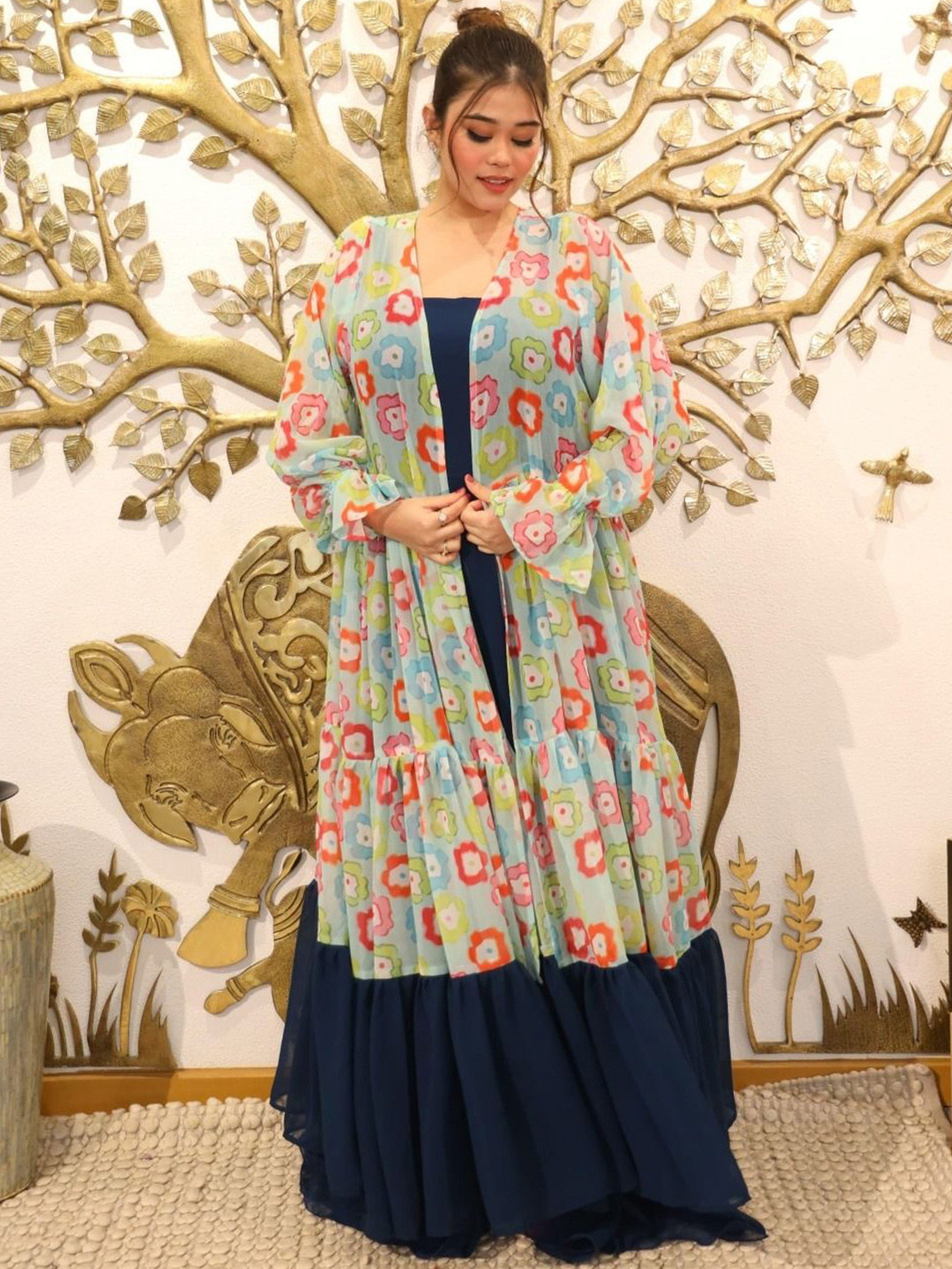 Swadeshi Shringaar Women Sapphire Dream Dress With Printed Shrug