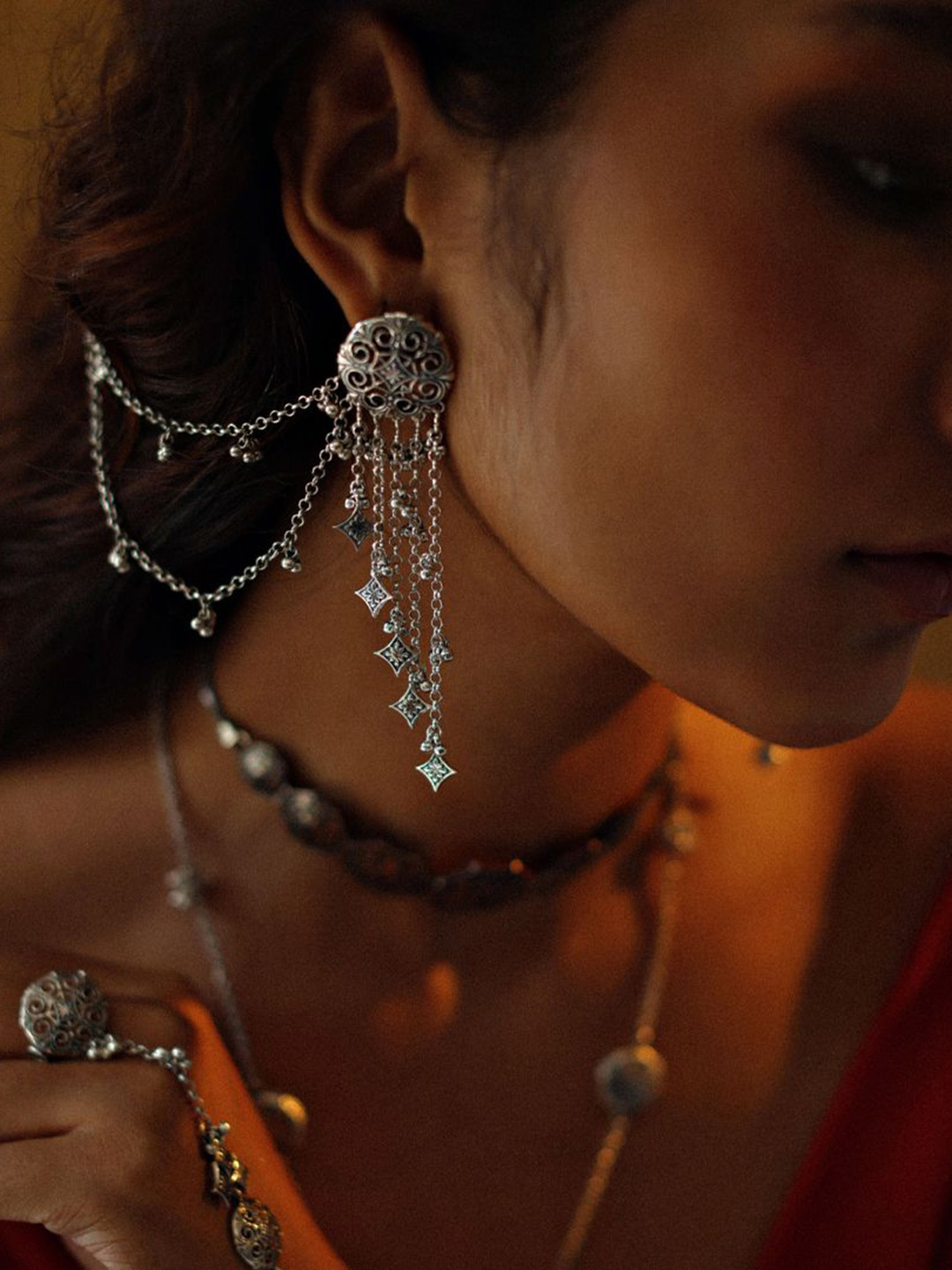 manner 925 Sterling Silver-Plated Artificial Beads Beaded Thar Dhora Bhujali Drop Earrings