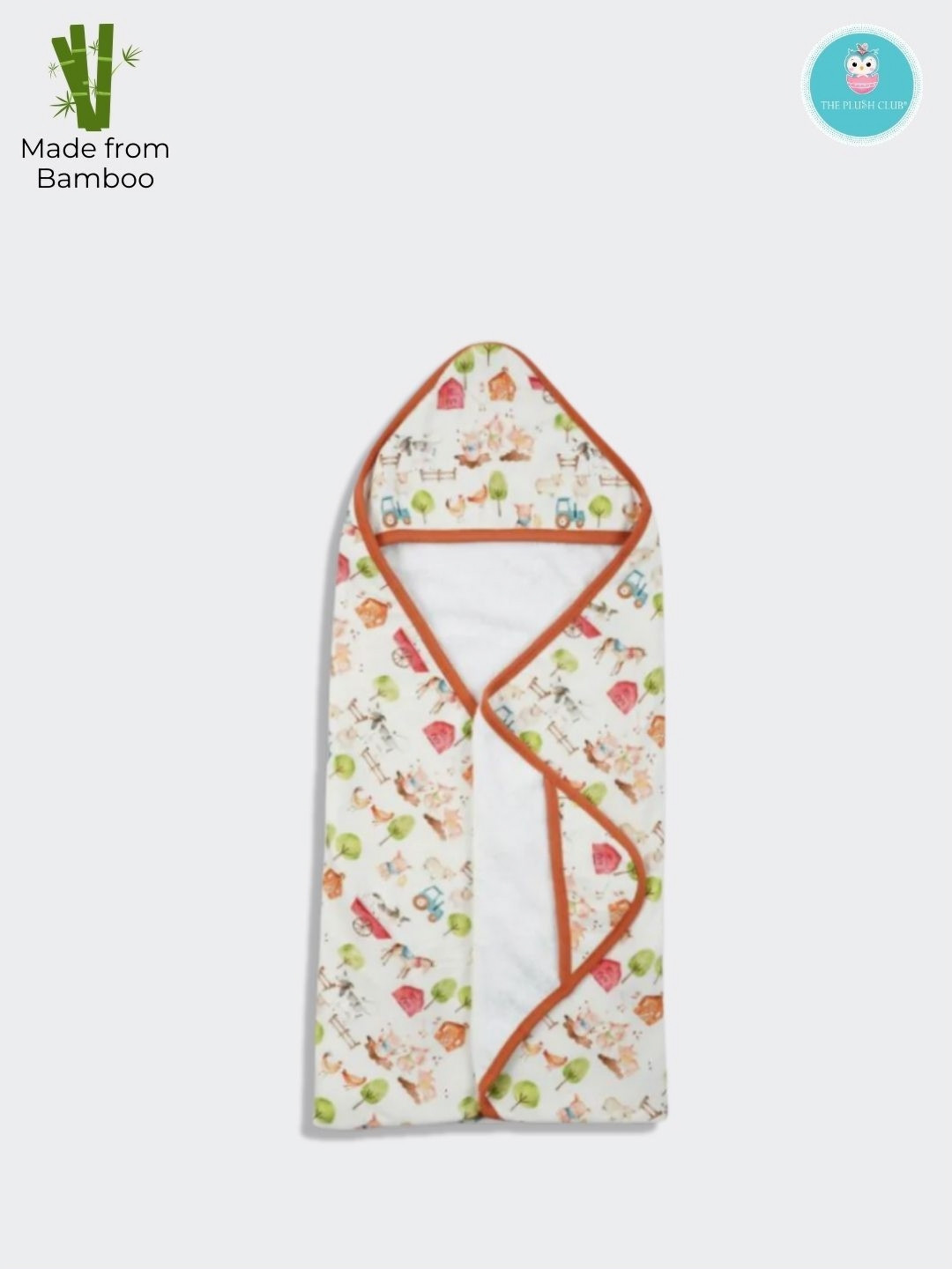 THE PLUSH CLUB Kids Orange & White Farm Buddies Printed 350 GSM Bamboo Bath Towel