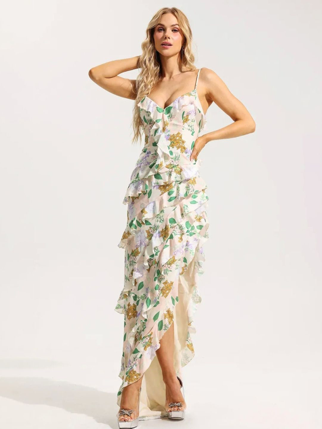 bebe Tropical Print Shoulder Straps Tiered Sheath Maxi Dress with Ruffles and Slits