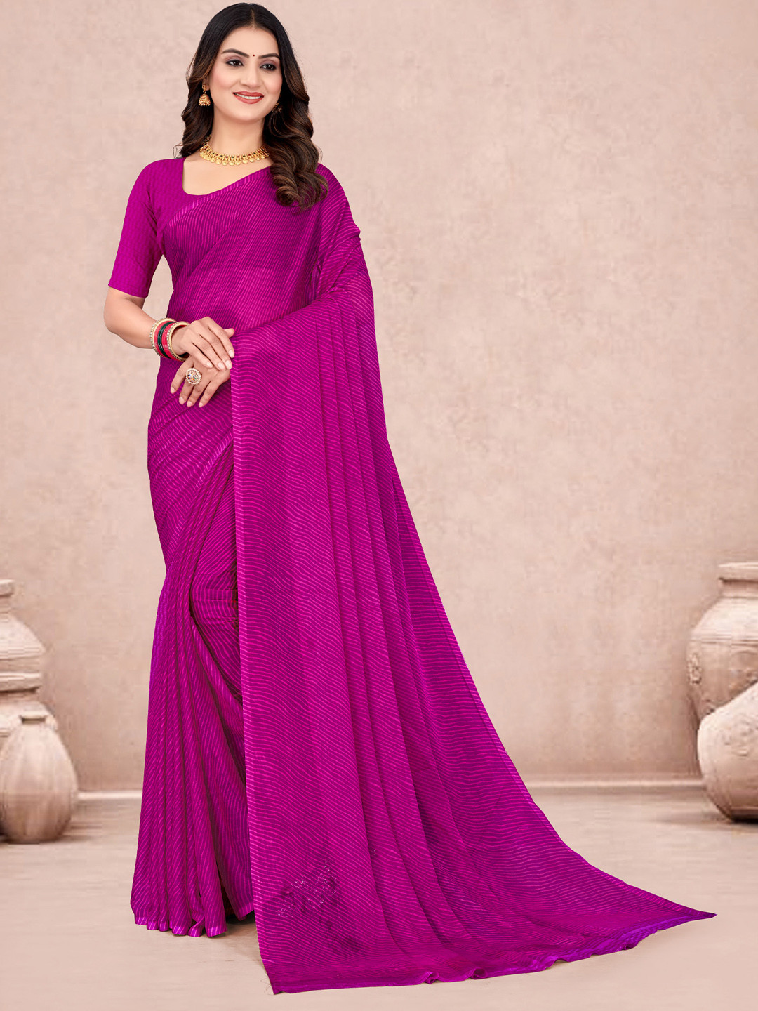 Mitera Striped Pure Chiffon Block Printed Saree