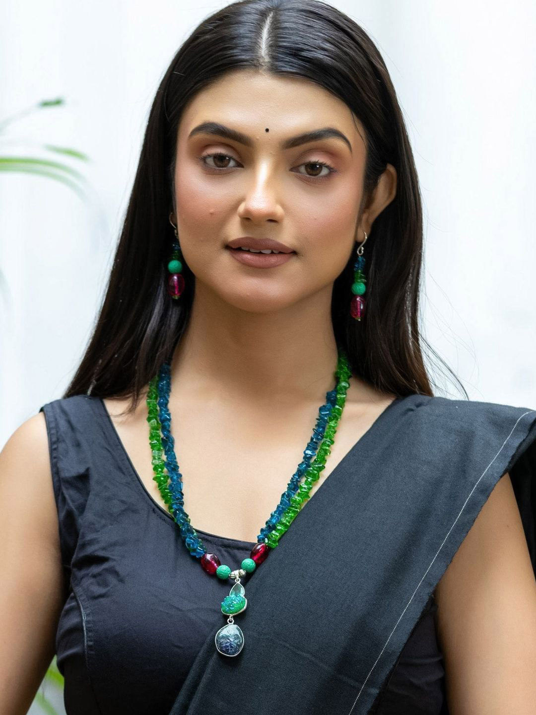 Look and Adorn Blue Green Pink Agate Lava Stone Necklace Set with Earrings