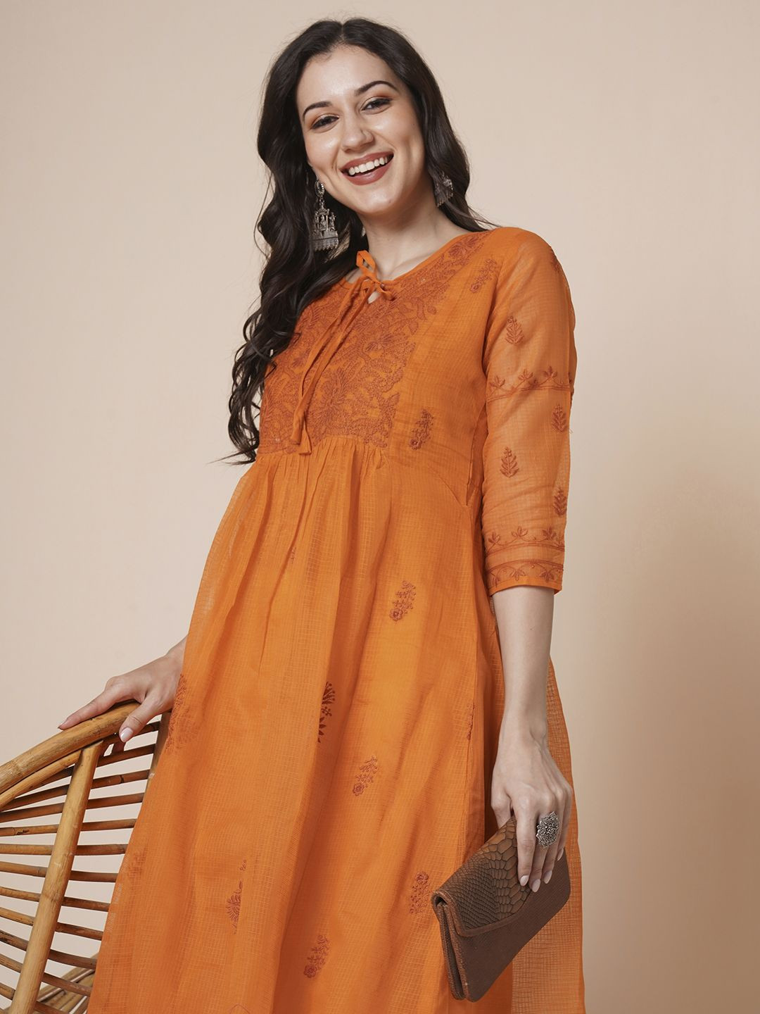 RATAN Women Muga Cotton Flared Chikankari Embroidered Kurta