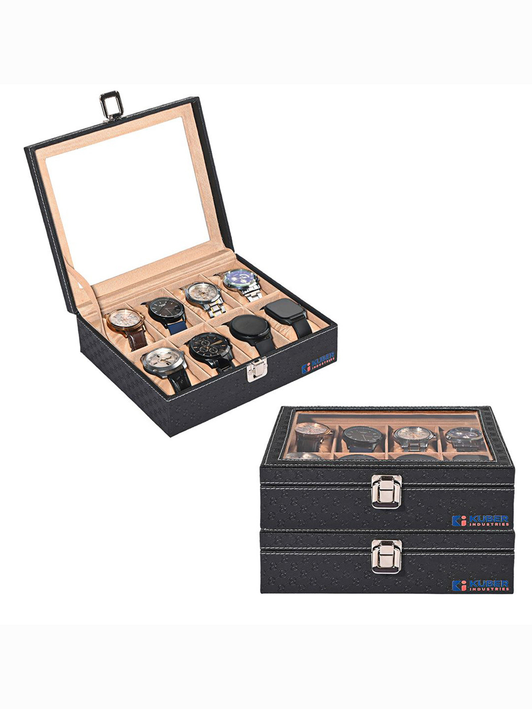 Kuber Industries 3-Pcs Black Premium 8-Slots Wrist Watch Organiser Box