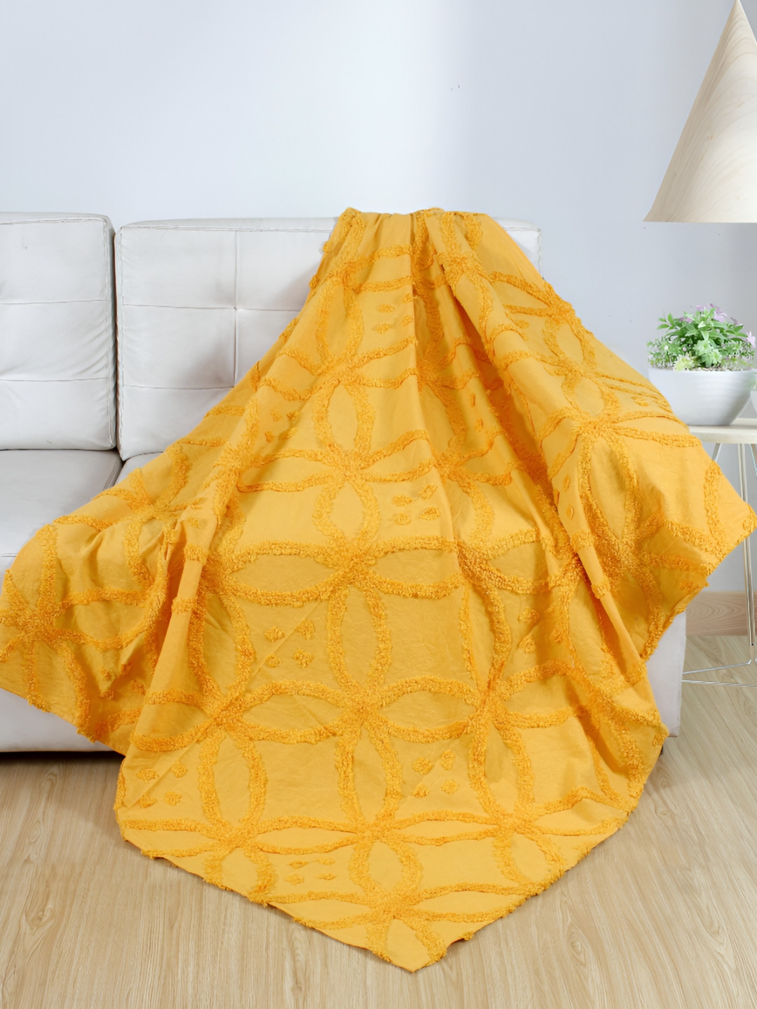 Dolce Casa Yellow Star Tufted Cotton Soft & Cozy Sofa Throw