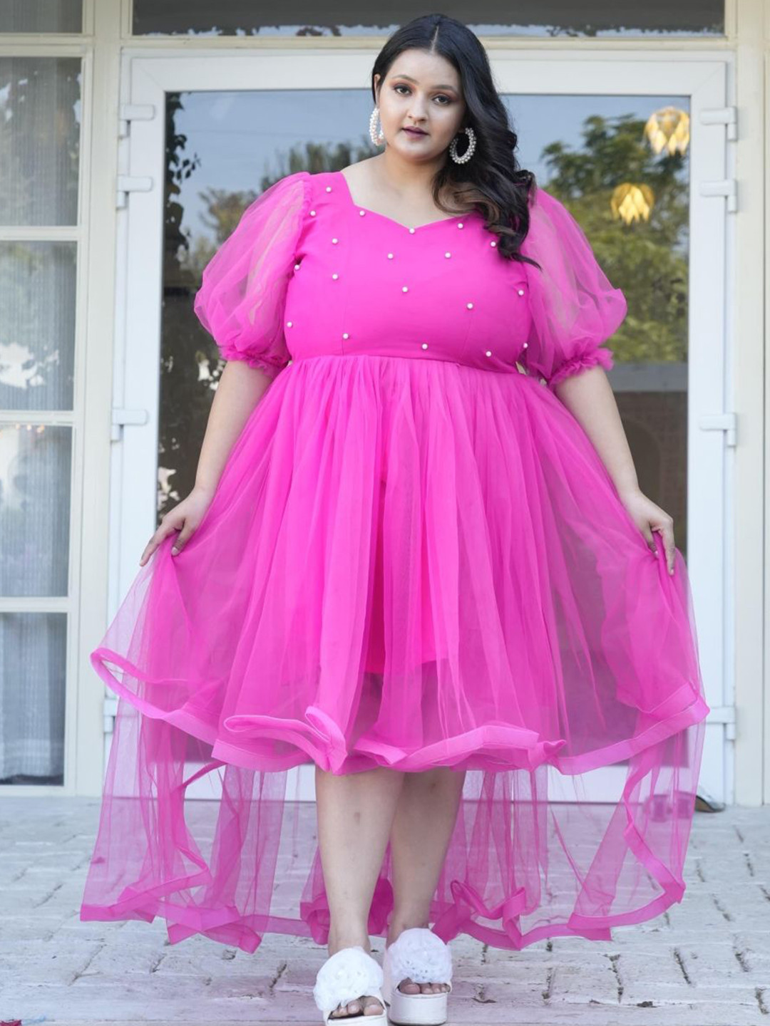 Swadeshi Shringaar Women Plus Size Hot Pink Up And Down Pearl Dress