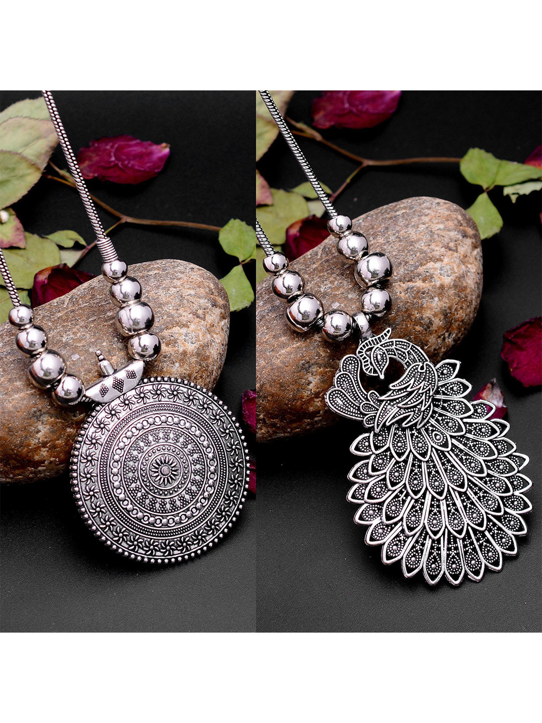 Sangria Set Of 2 Oxidized Round Tava & Long Mor Necklaces