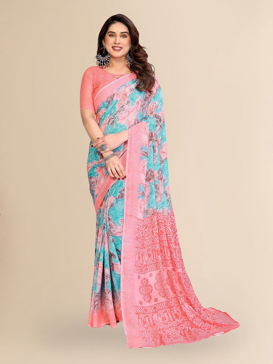 Moda Rapido Floral Printed Zari Saree