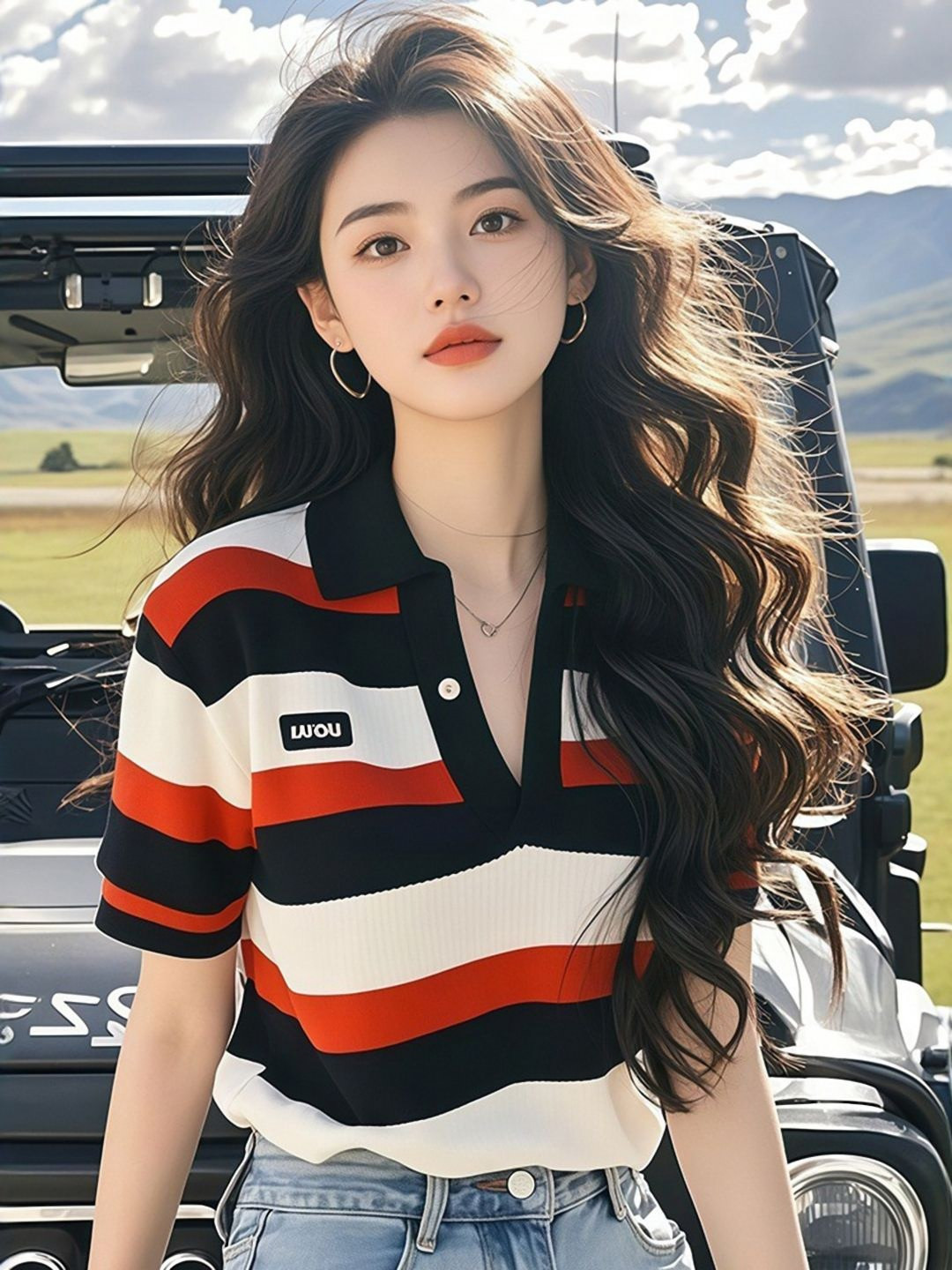 DressBerry Striped Polo Collar Cotton T-shirt