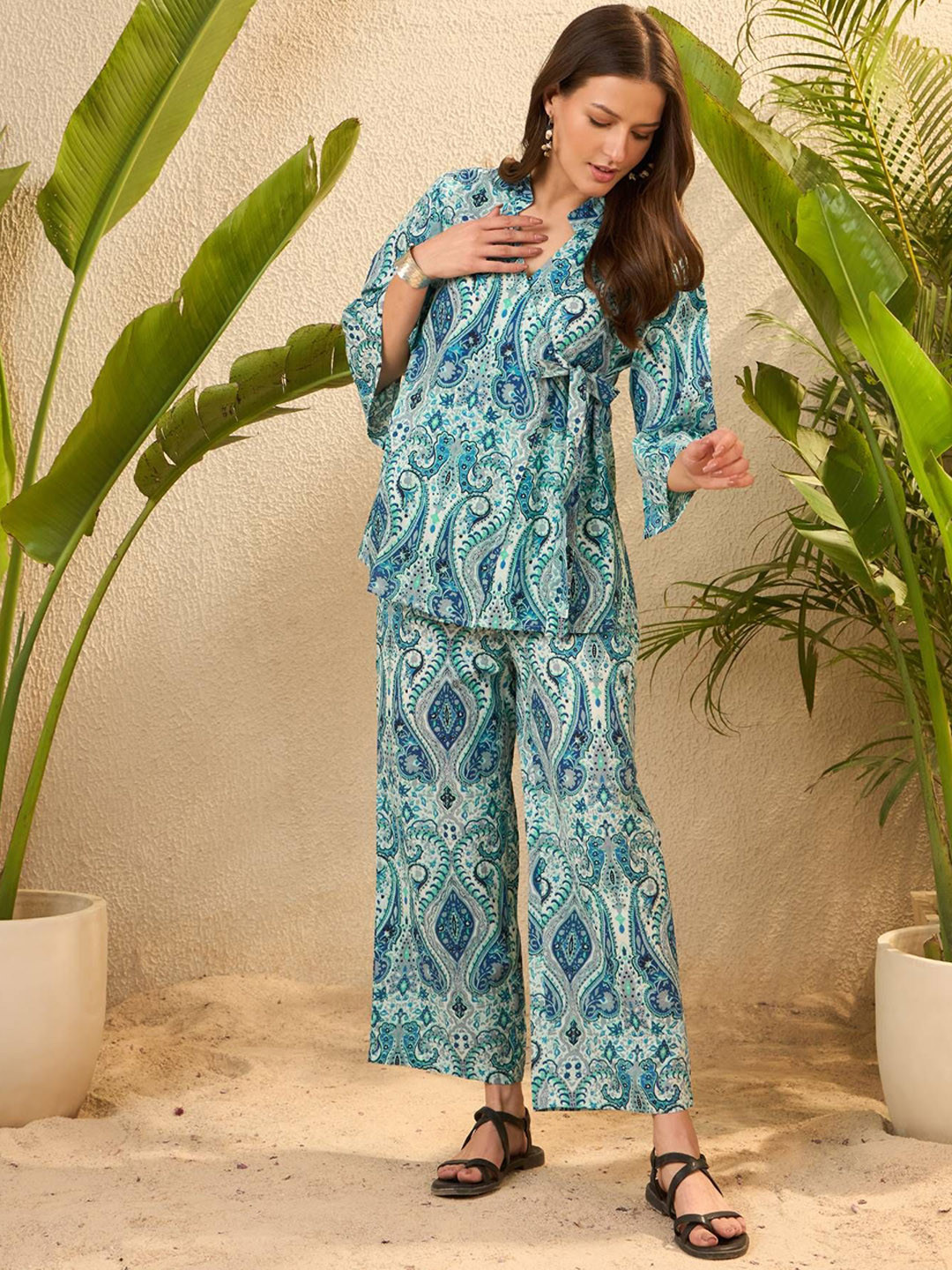 IMANA Printed Collared Top With Trousers Co-Ords