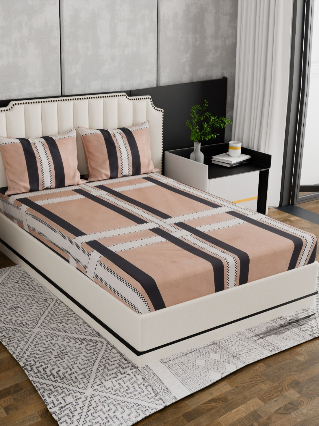 Nivasam Spade Brown Striped Polycotton 186 TC Fitted King Fine Bedsheet with 2 Pillow Covers-78 x 72 inches