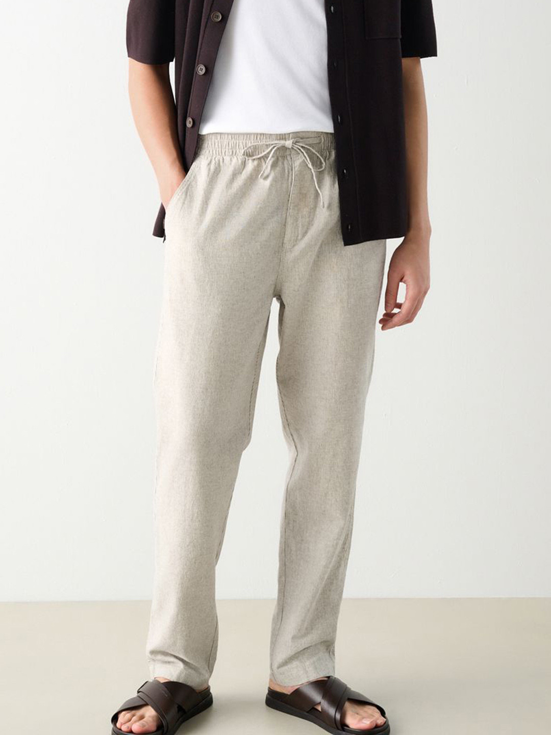 NEXT Men Cotton-Linen Striped Trousers
