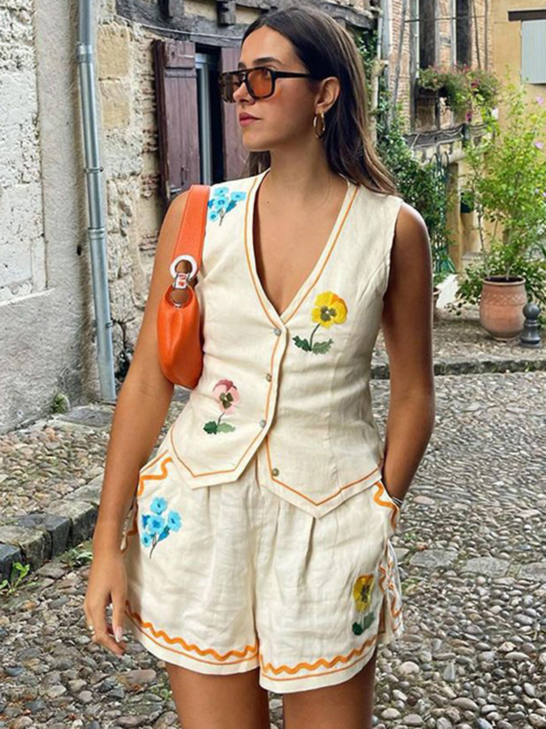 Routes by All About You Floral Embroidered V-Neck Vest With Shorts