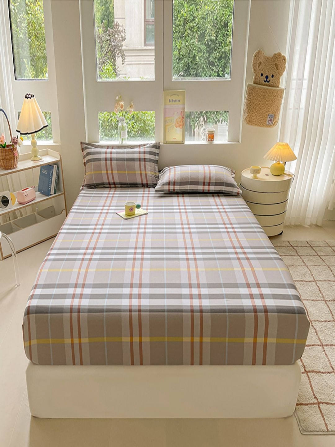 JC HOME Glazed Beige Checked Pure Cotton 220 TC Fitted King Bedsheet with 2 Pillow Covers-180 x 200 cm