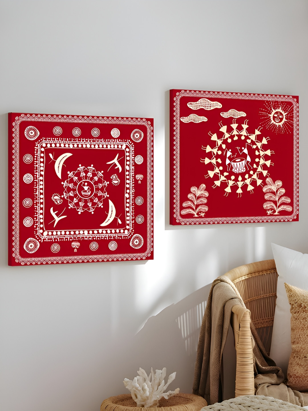 Art Street Maharashtra Warli Canvas 2 Piece Wall Square Paintings Wall Art - 12 x 12 In