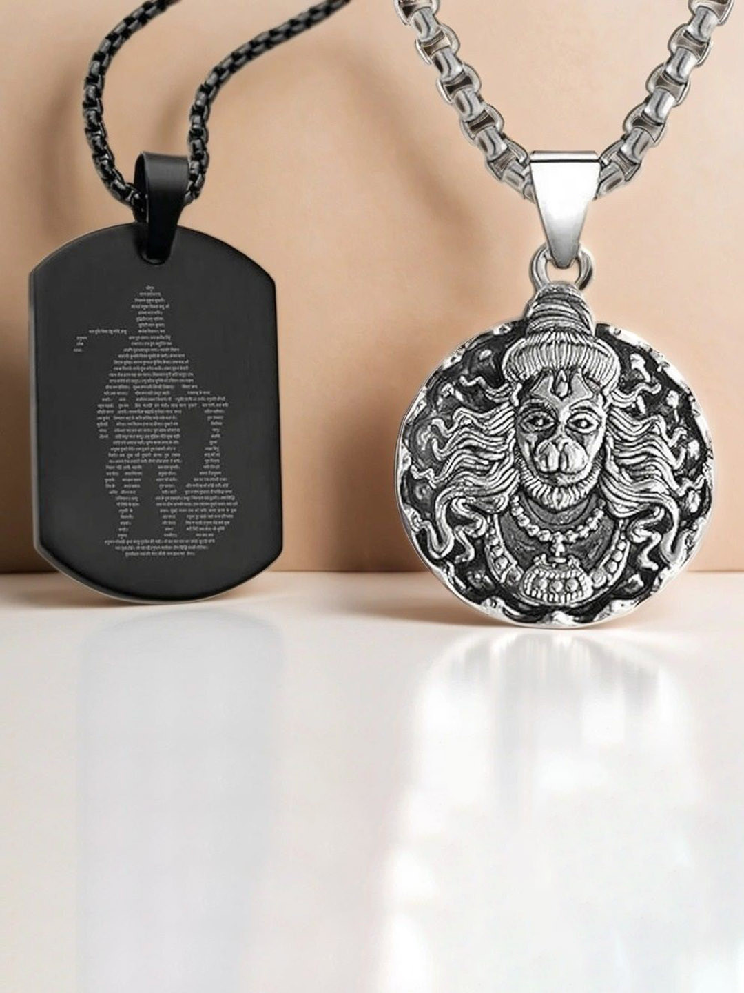Uniqon Set Of 2 Hanuman Chalisa Gada Micro-Carved Plate & Coin Design Pendants with Chains