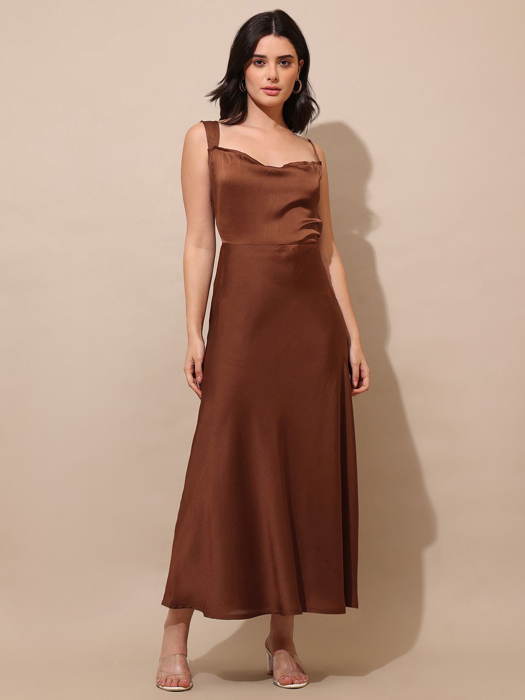 PURVAJA Sheen & Shine Women Solid Brown Fit and Flare Dress