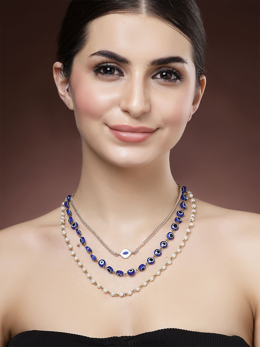 Bohey by KARATCART Gold-Plated Evil Eye and Pearls Beaded Statement Layered Chain