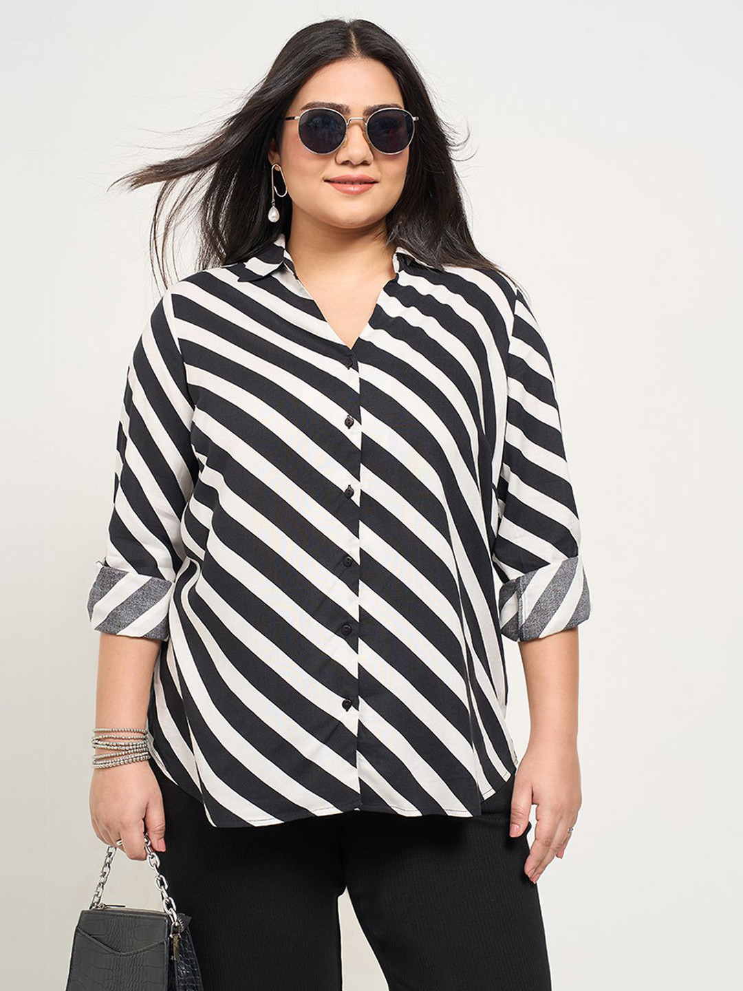 Honey Curvytude by Pantaloons Plus Size Vertical Stripes Printed Shirt Style Top