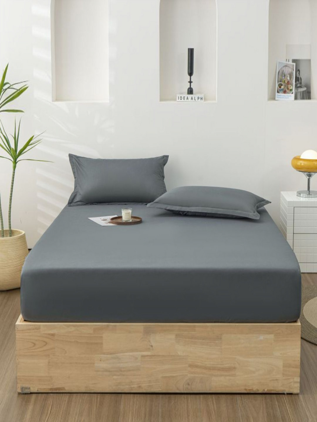 JC HOME Grey Solid Polycotton Skin-Friendly 140 TC Fitted Single Bedsheet with a Pillow Cover-152 x 203 cm