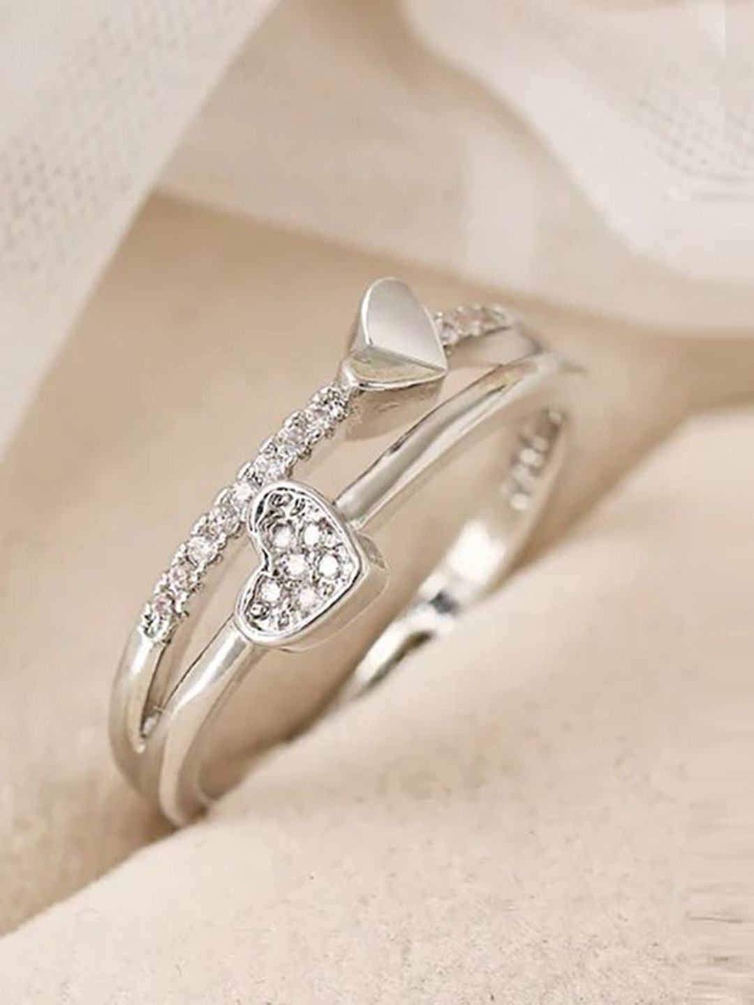 Stylewell Silver-Plated Crystal Studded Love Double Heart Knuckle Adjustable Finger Ring