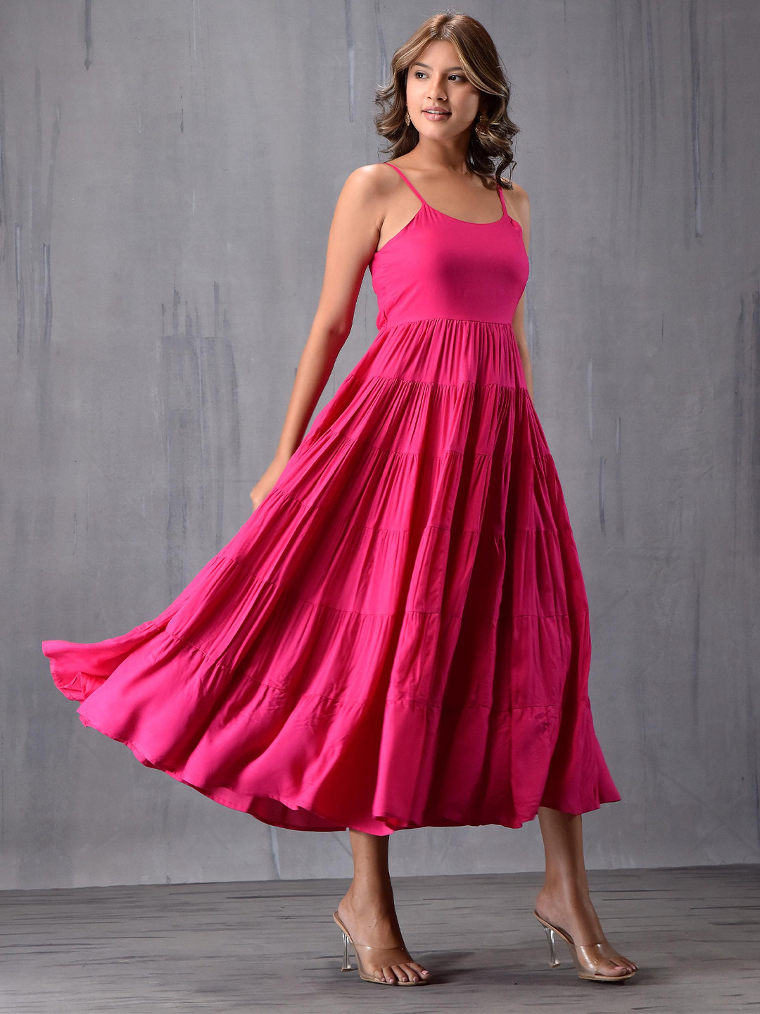 MODA-Q Solid Shoulder Straps Fit & Flare Midi Dress