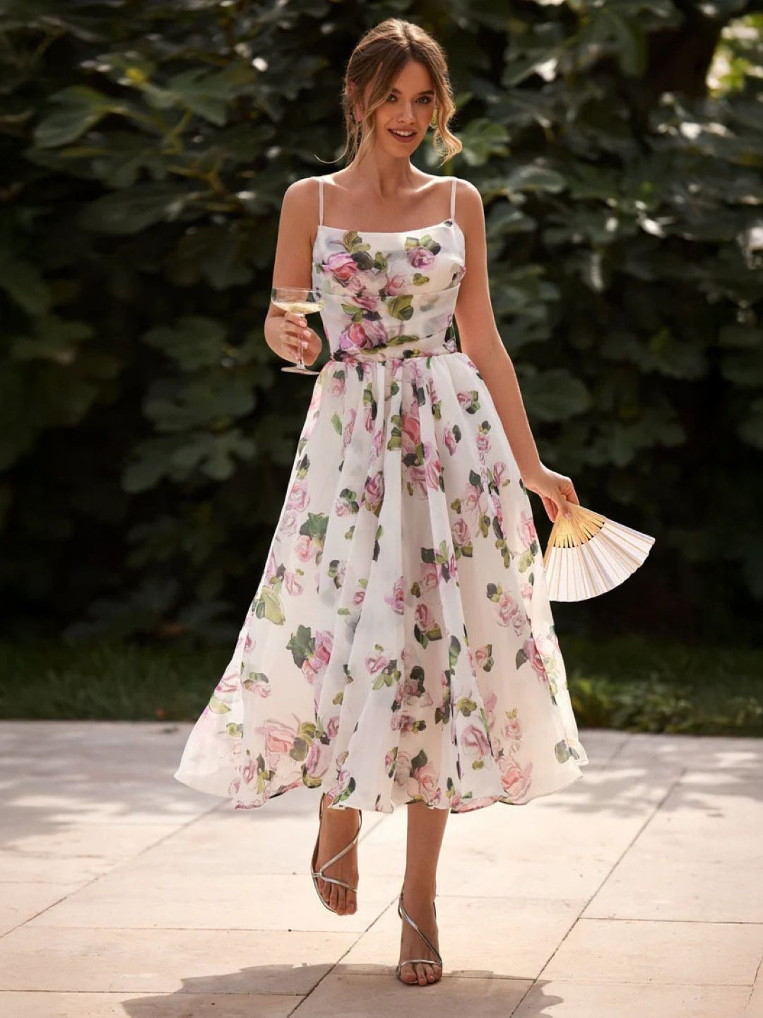 bebe Floral Print Spaghetti Strap Lace-Up Back Fit & Flare Midi Dress