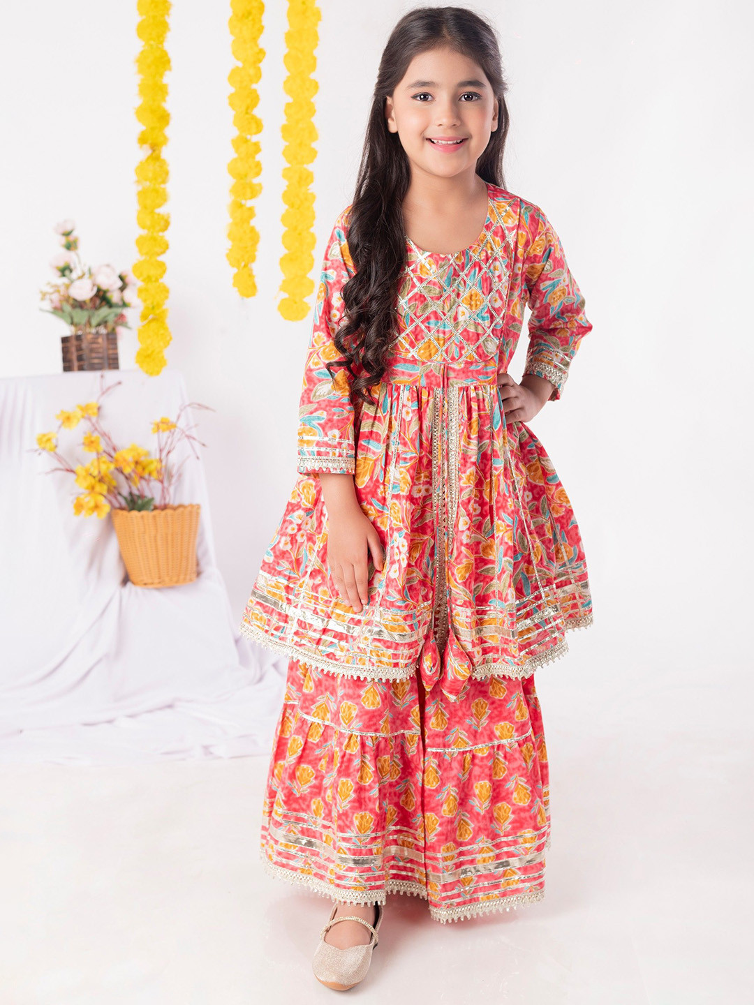 AATYA KIIDS Girls Floral Printed Cotton Kurta with Sharara