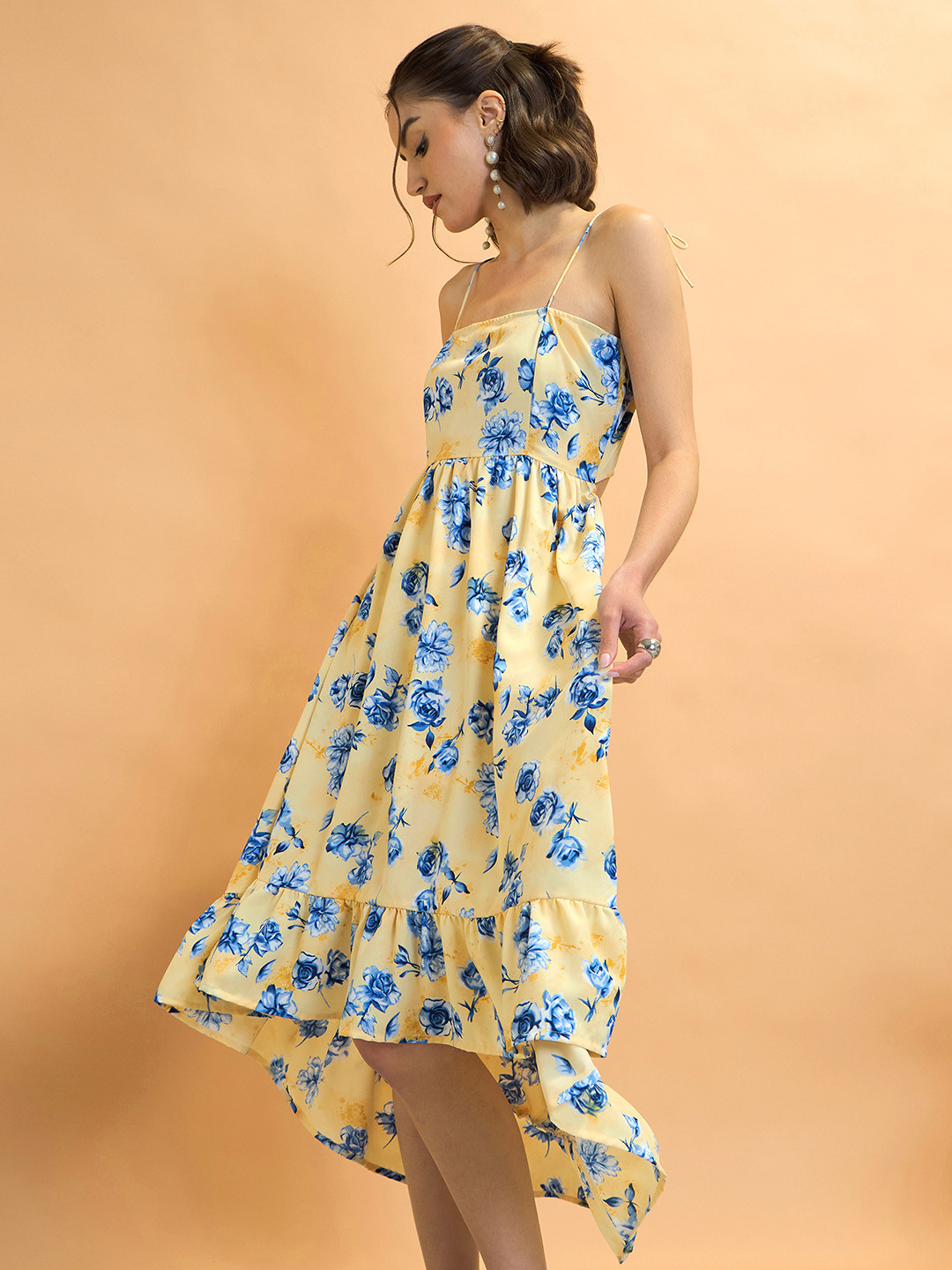 CORSICA Floral Print Lace-Up Back High-Low Fit & Flare Dress