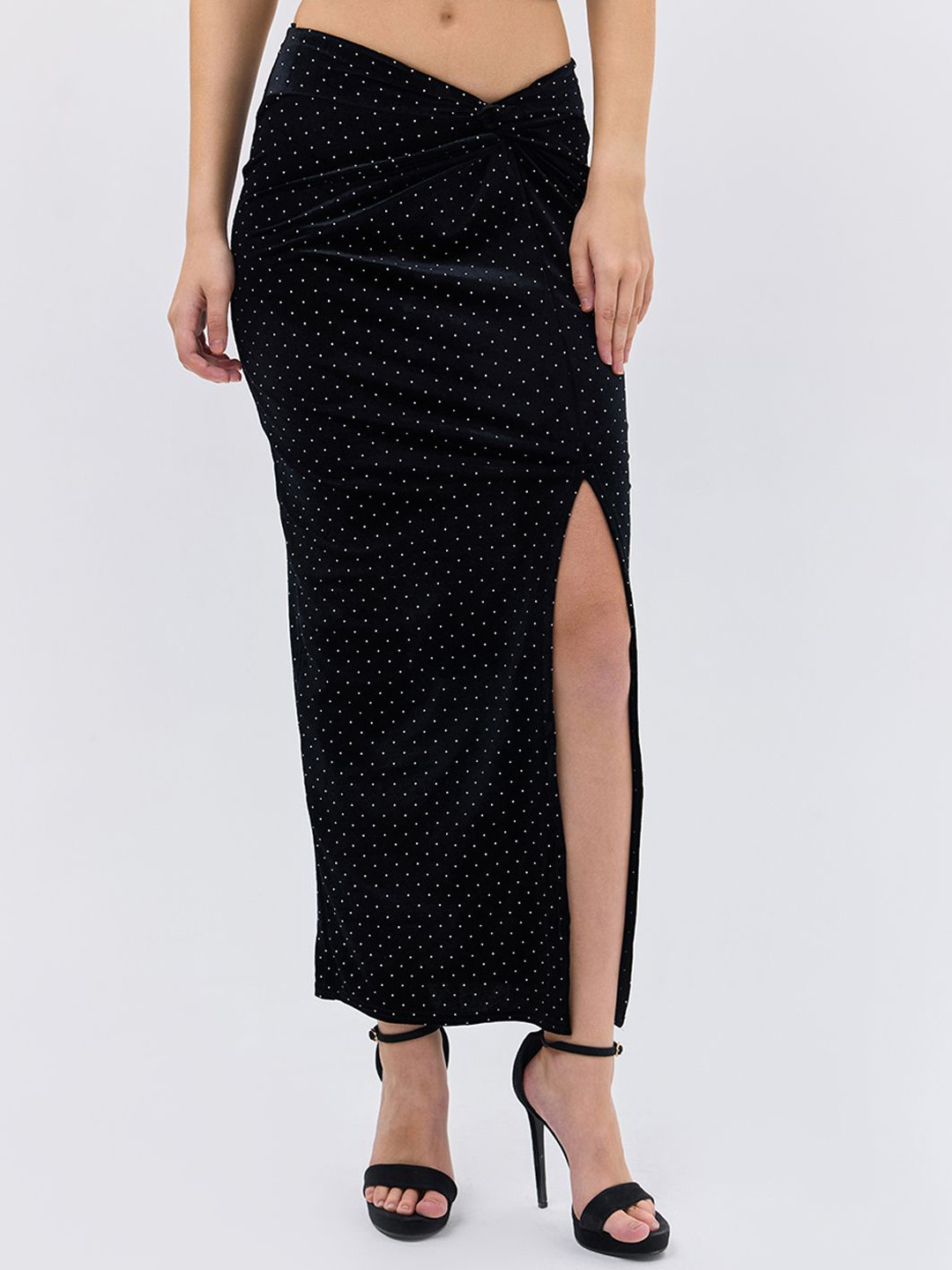 COVER STORY Velvet Draped Pencil Midi Skirt