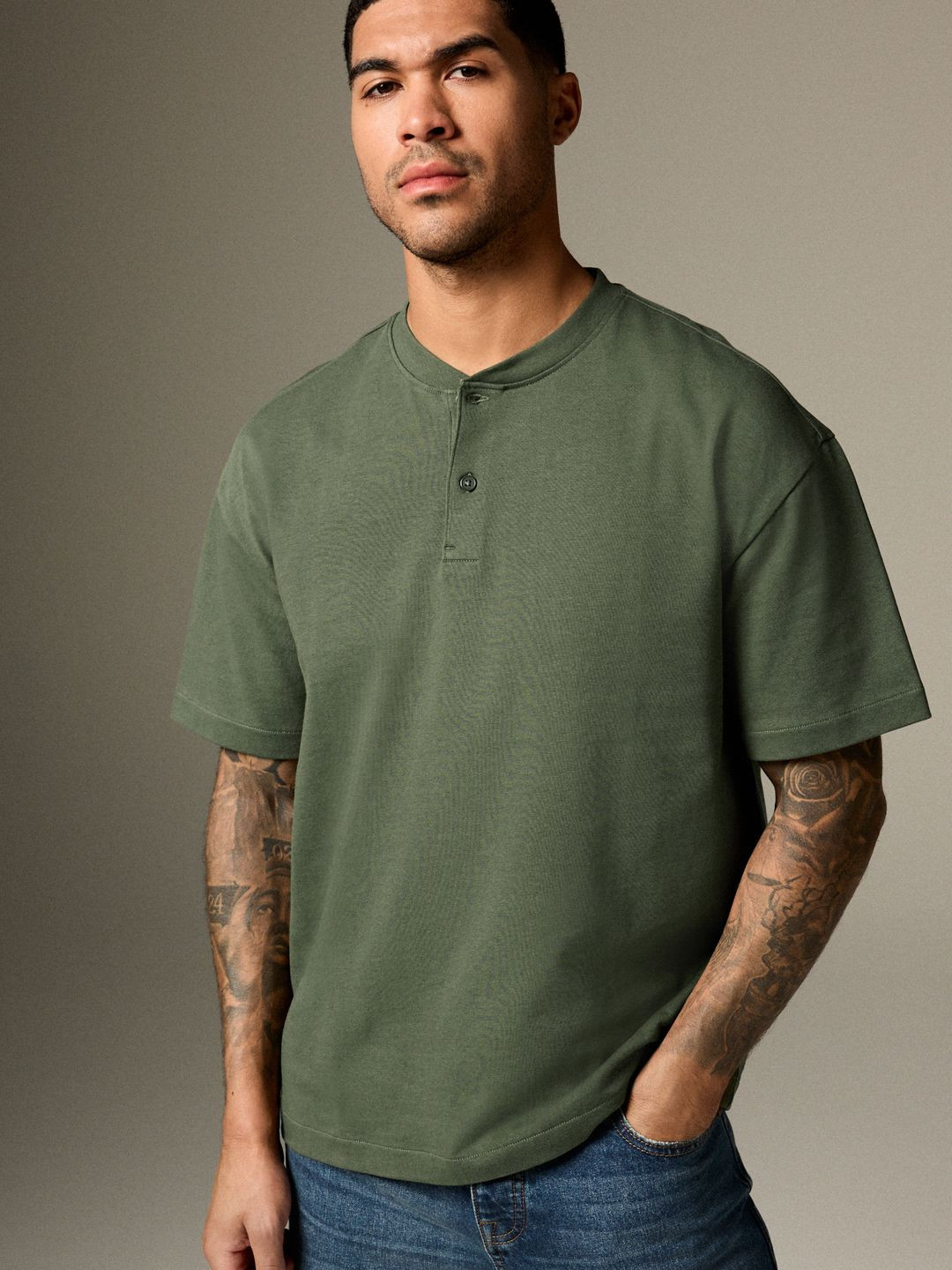 NEXT Henley Neck Drop-Shoulder Sleeves Pure Cotton Relaxed Fit T-shirt